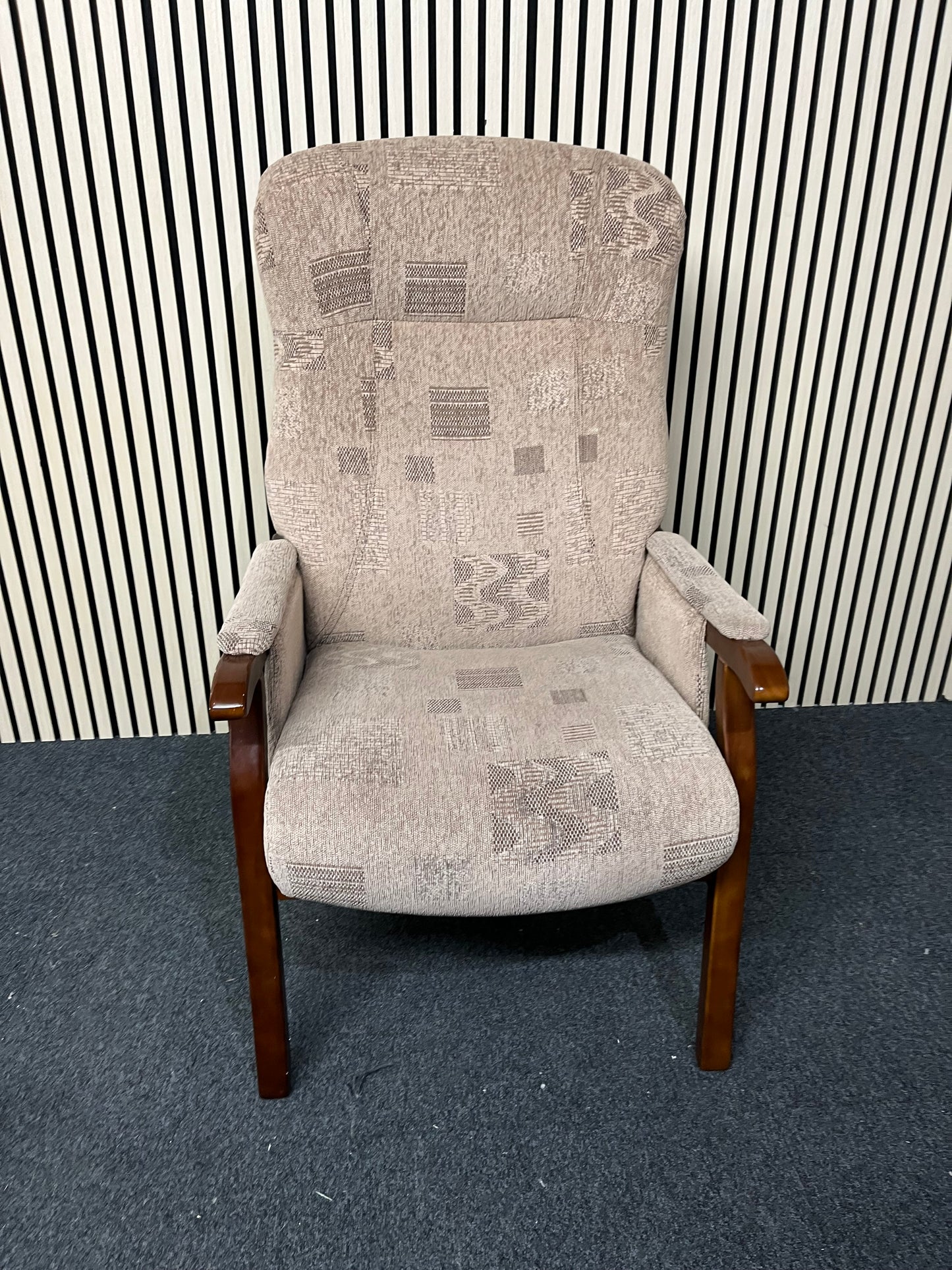 Cream fabric fireside armchair with solid darkwood frame 3325