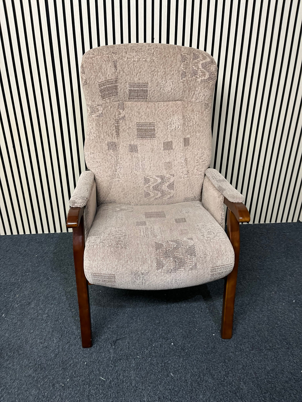 Cream fabric fireside armchair with solid darkwood frame 3325