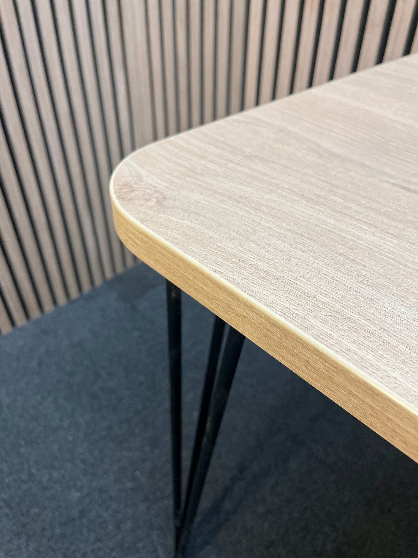 1400 x 600 American oak desk with black metal bobby pin legs