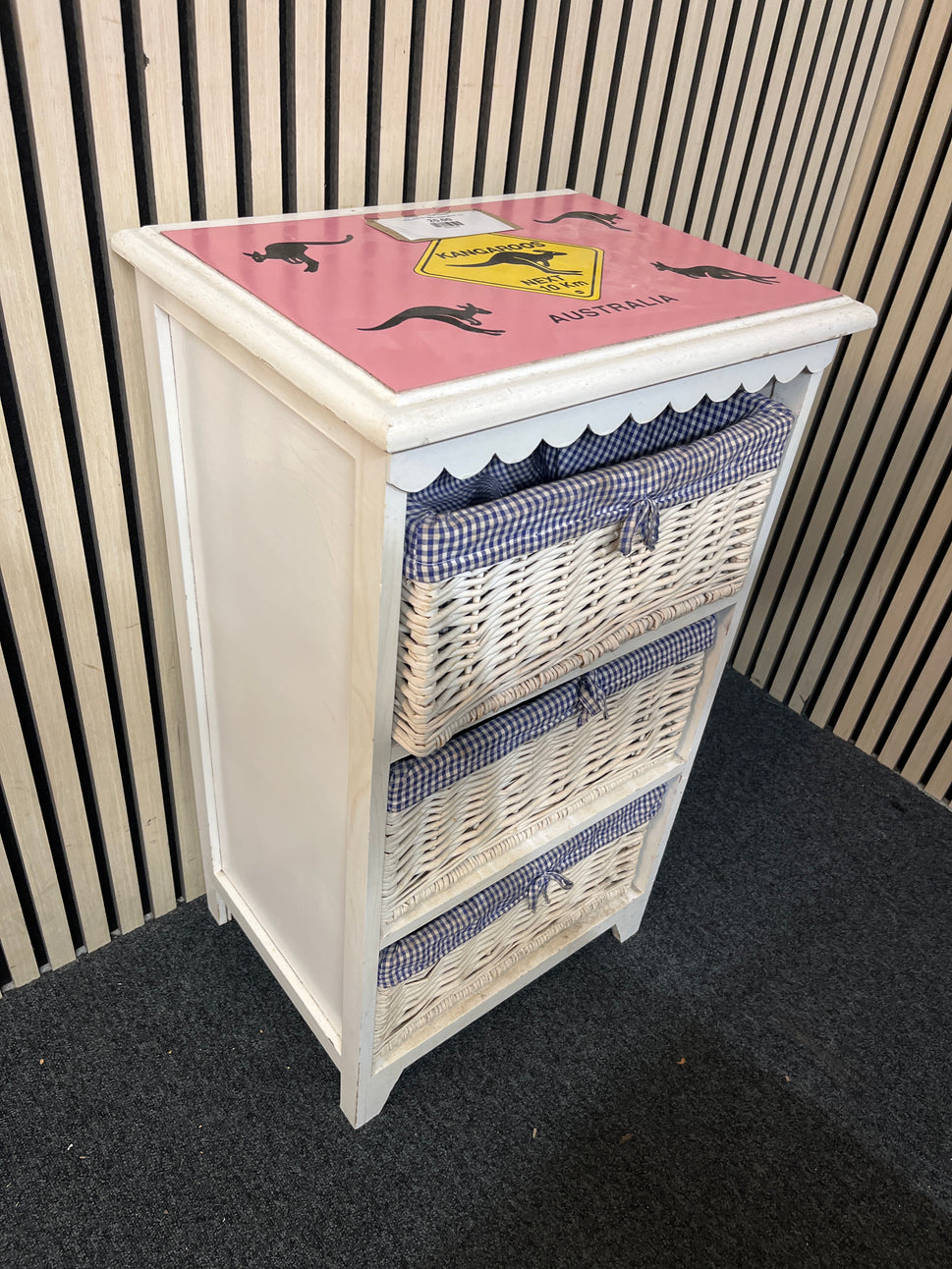 White wood and rattan 3 drawer tall boy  1126