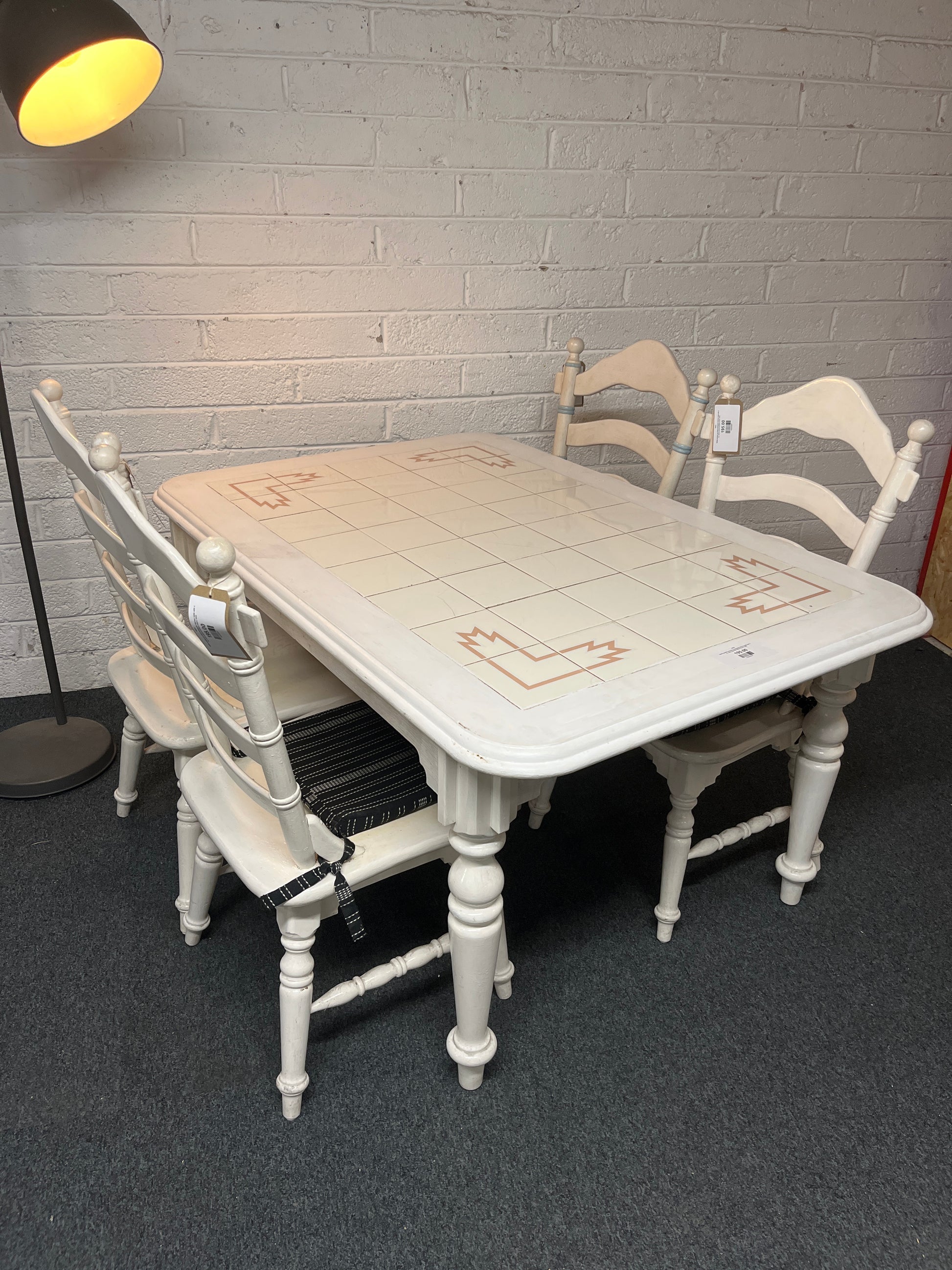 White painted and tiled rectangular kitchen table with 4 no. white painted kitchen chairs 3225