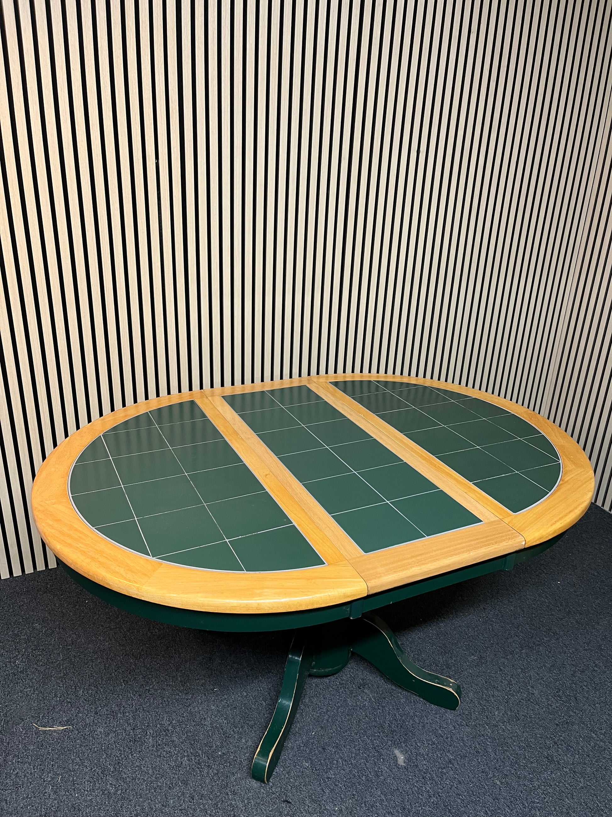 Circular solid pine extendable dining table (Diameter 106 + 38 cm extension ) with green frame and tiled top  1325