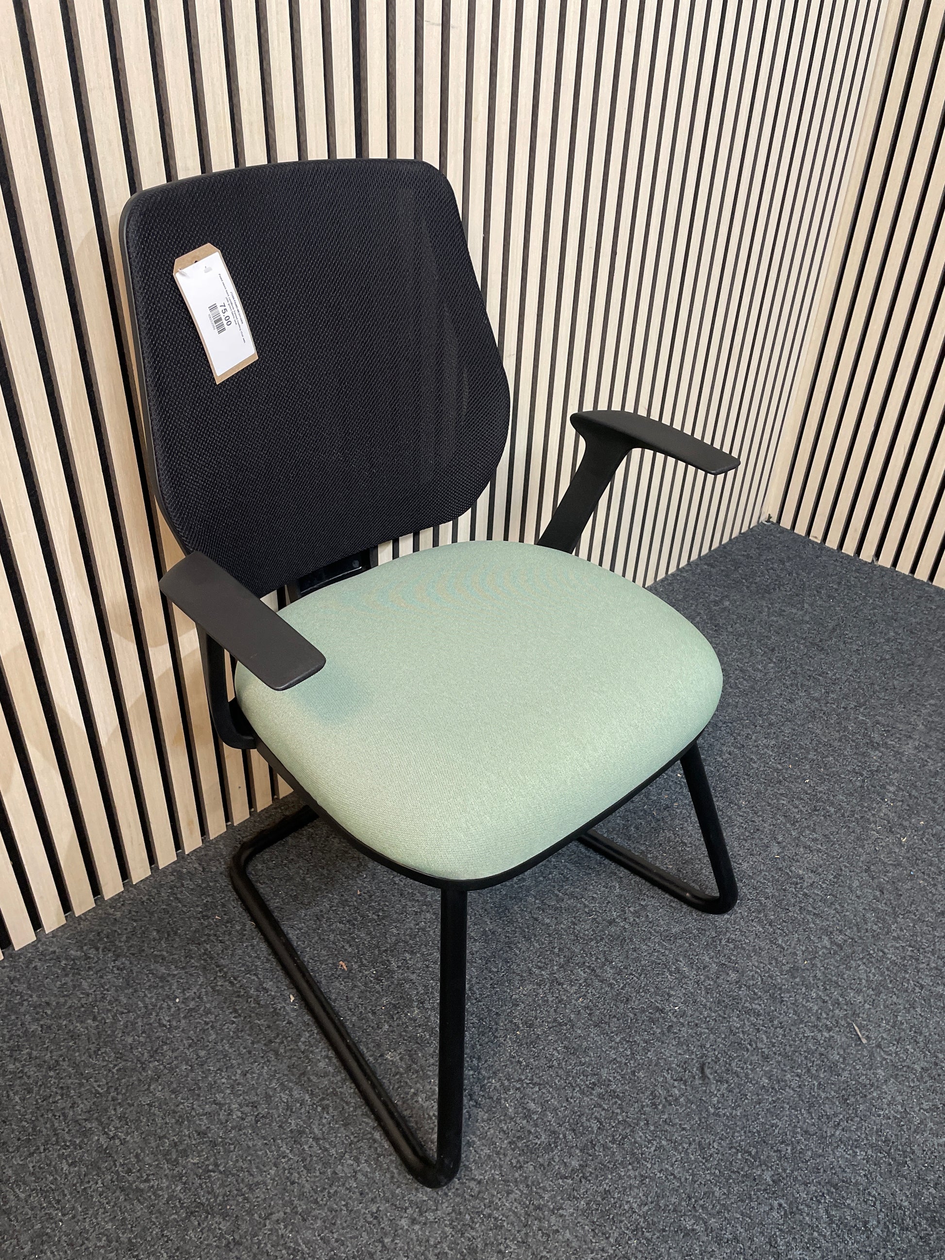 Pawd mesh back cantilever framed meeting chair with jade green fabric seat