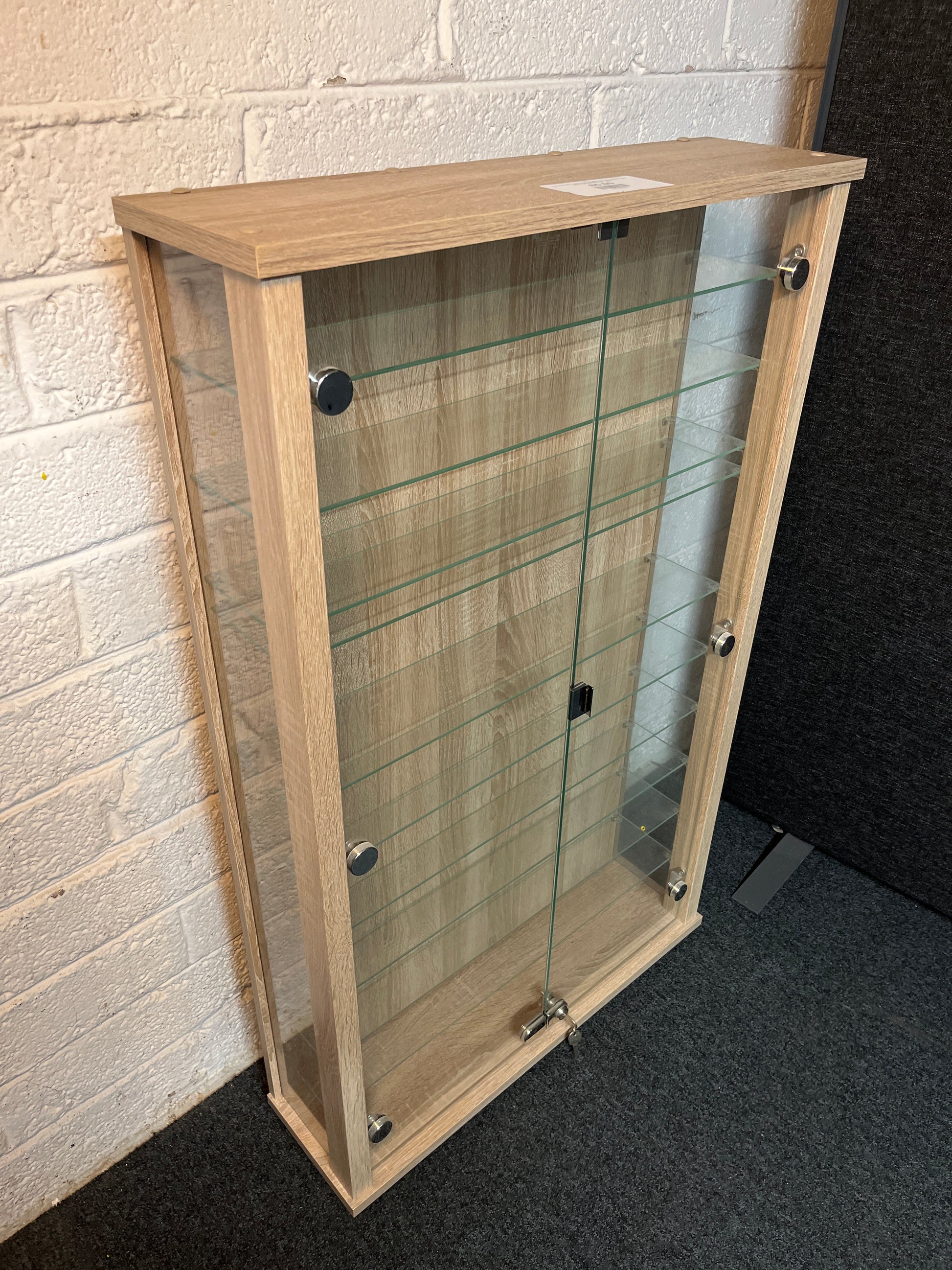 Oak laminate 2 glass door display unit with shelves and key 1100Hx670Wx195D  2225