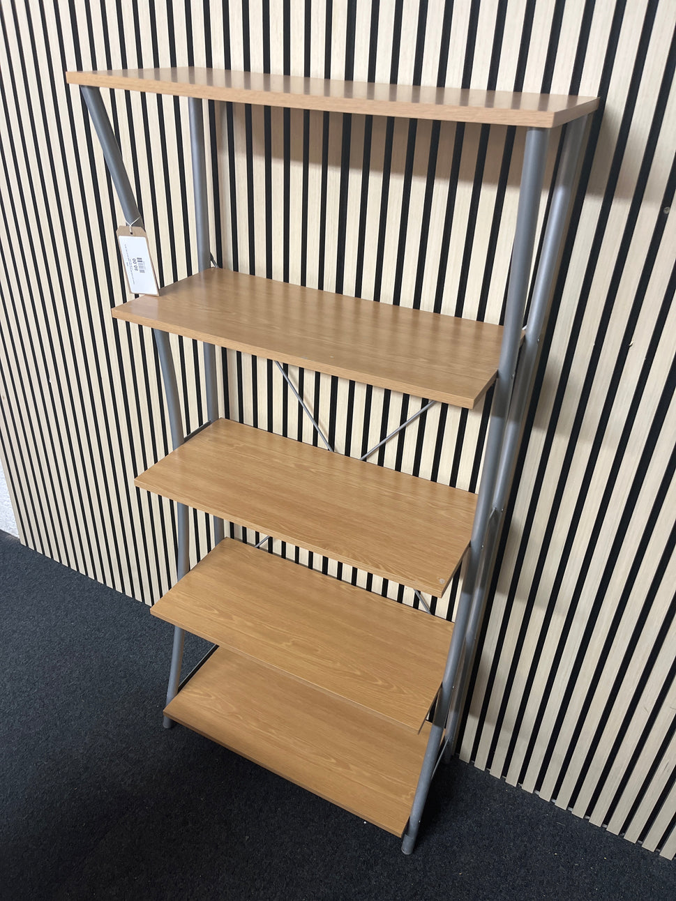 Beech and metal tall tiered open shelf unit (H 148 x W 70 x D 30 cm) 2325