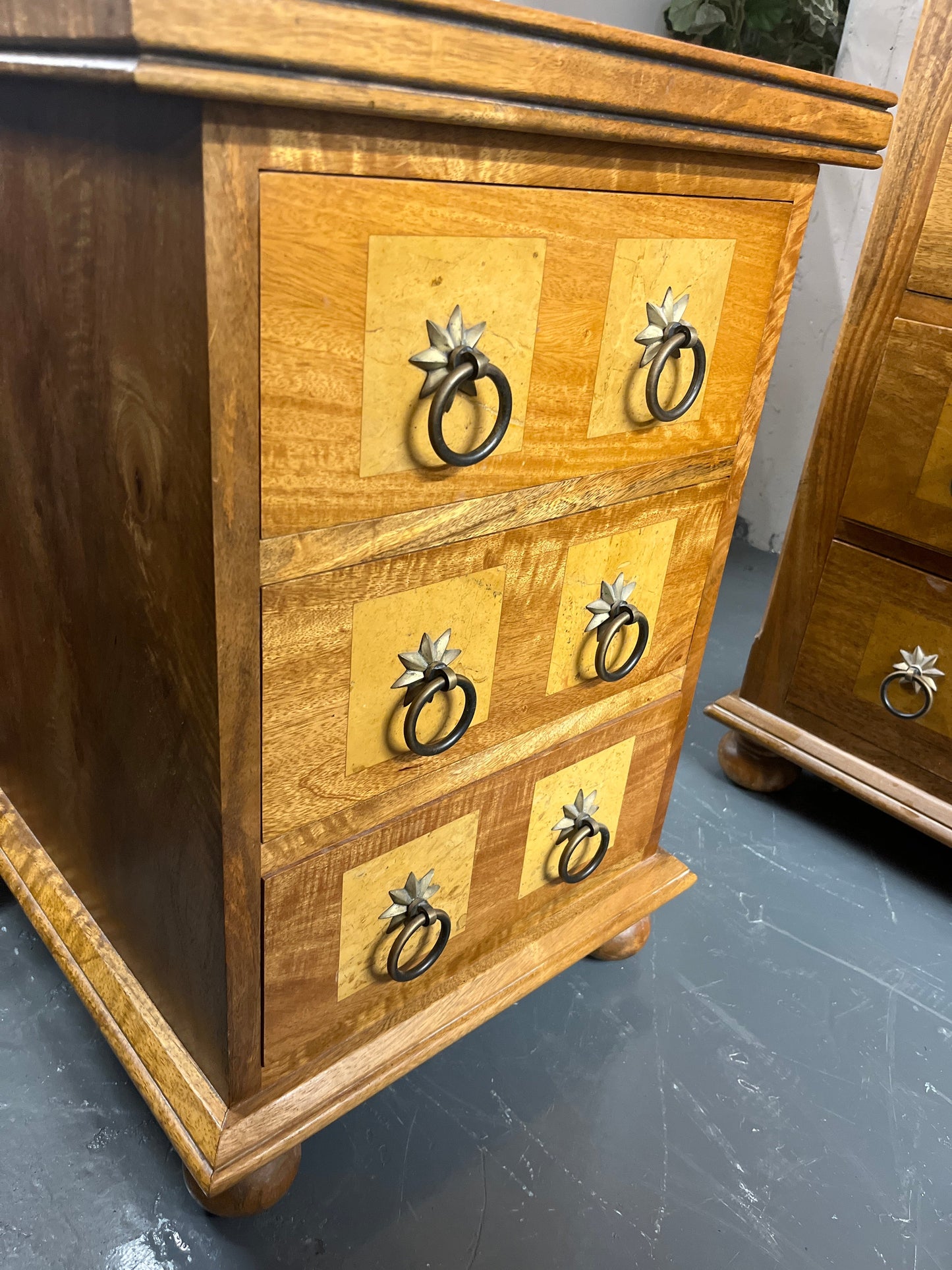 Solid Mahogany inlaid 3 drawer bedside locker.(H 65 x W 45 x D 45 cm) PART OF A SET BUT CAN BE SOLD SEPARATELY 2225