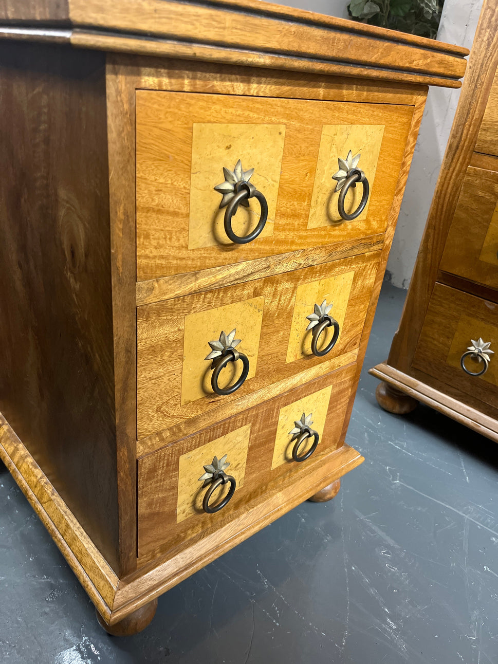 Solid Mahogany inlaid 3 drawer bedside locker.(H 65 x W 45 x D 45 cm) PART OF A SET BUT CAN BE SOLD SEPARATELY 2225