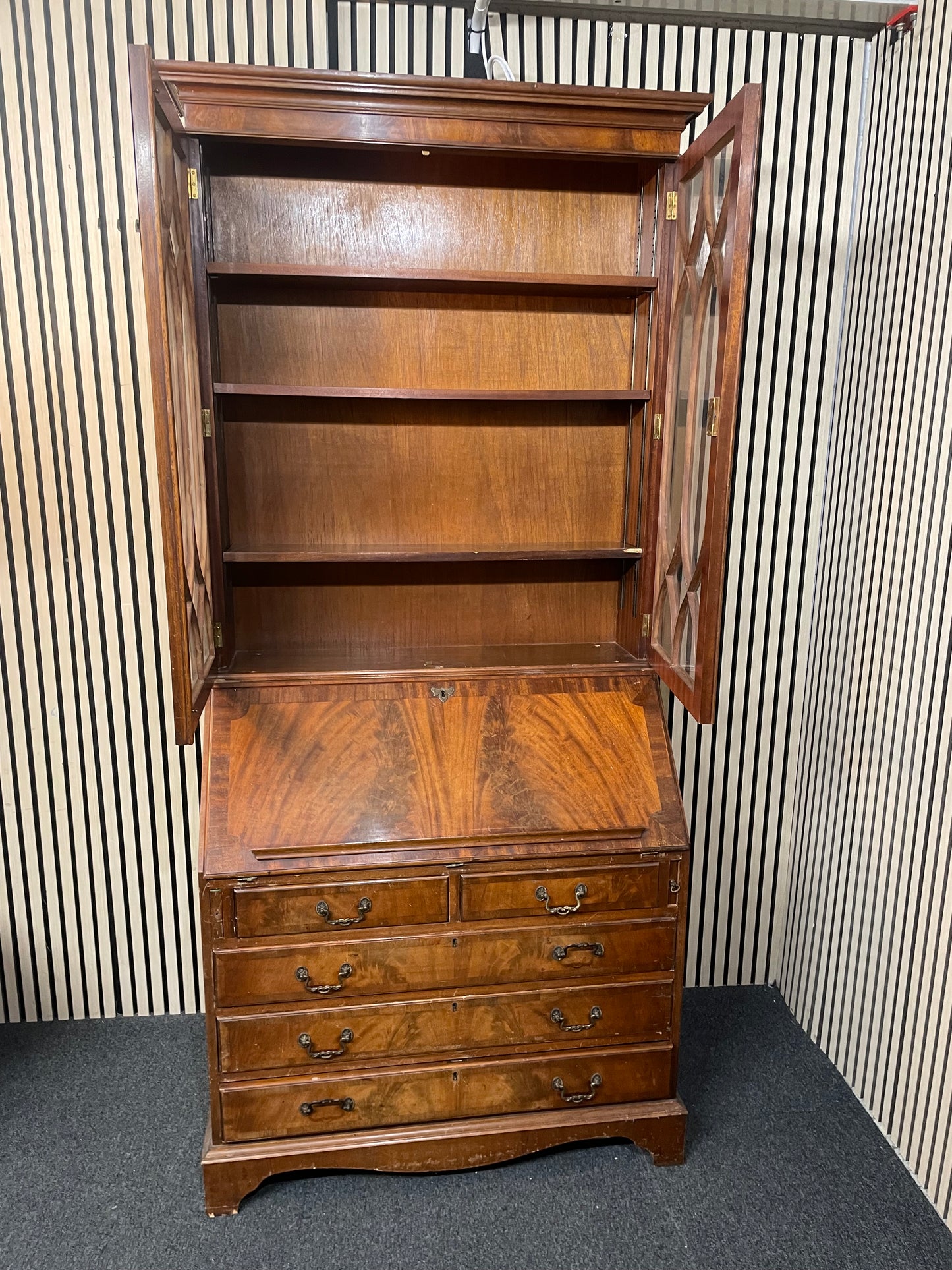 Ornate mahogany inlaid tall 2 glass door writing bureau with base drawers( H 214 x W 100 x D 43 cm) 2425