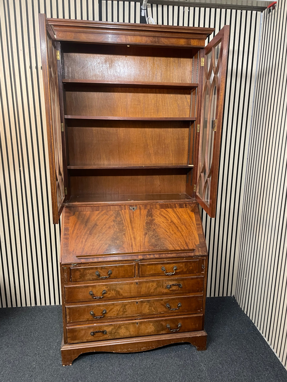 Ornate mahogany inlaid tall 2 glass door writing bureau with base drawers( H 214 x W 100 x D 43 cm) 2425