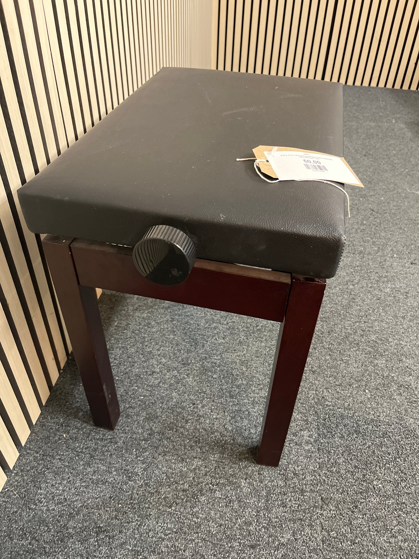 Piano stool, solid dark wood frame, black leatherette adjustable seat  1425