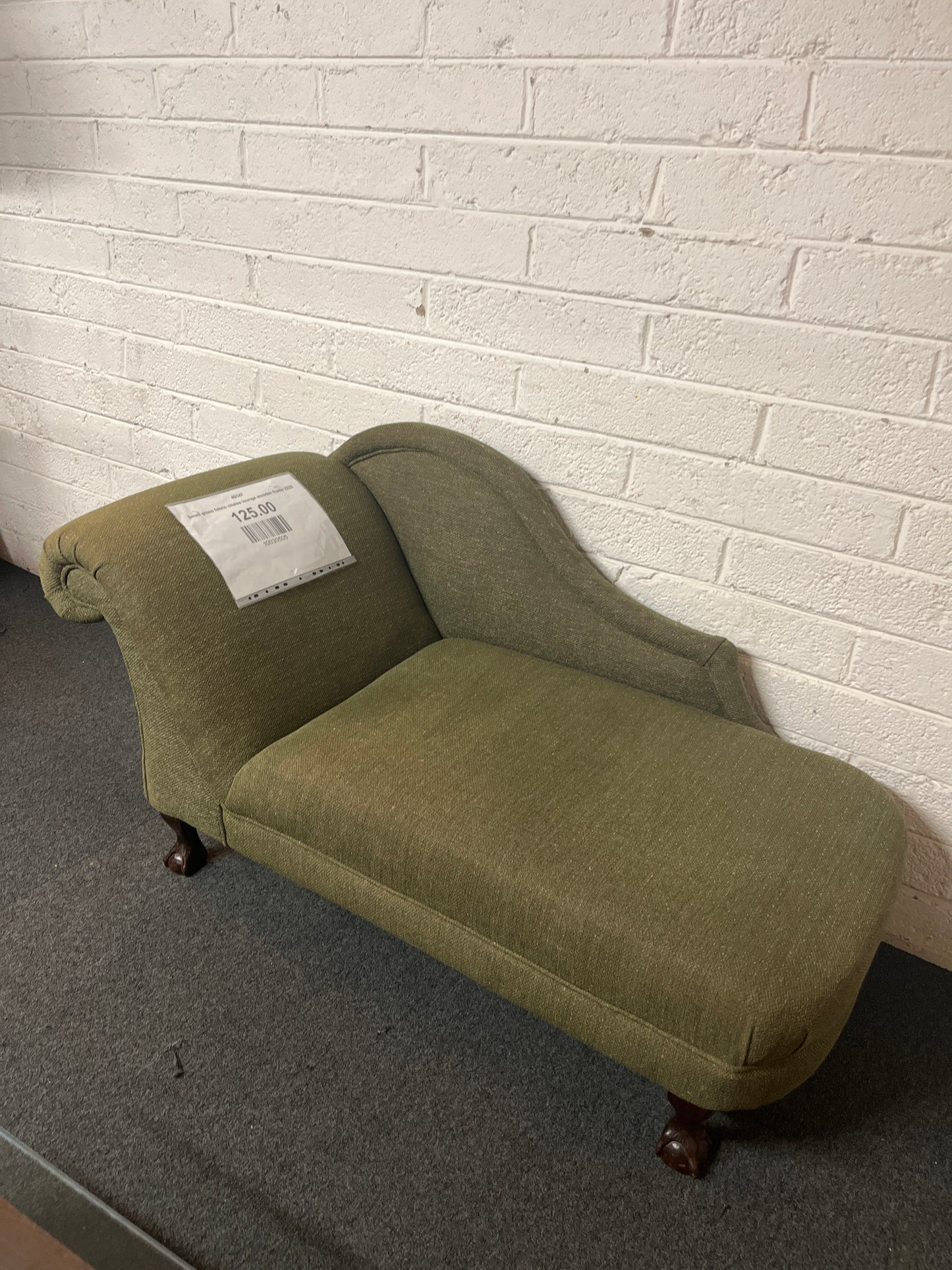 Small green fabric chaise lounge wooden frame 3225