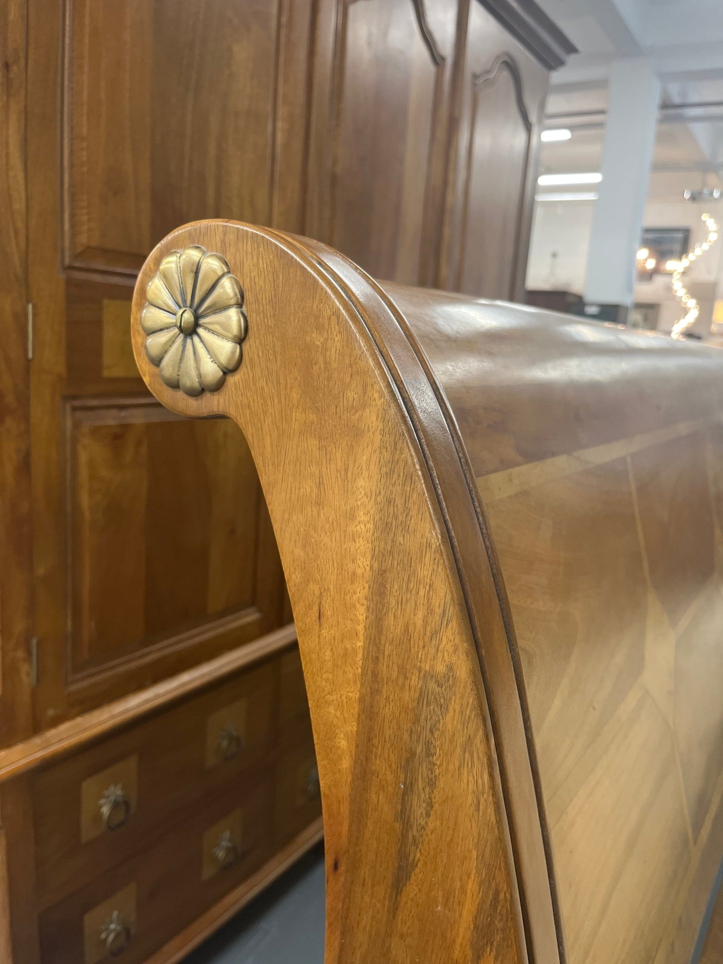 6ft high end mahogany sleigh bed frame with inalid detail. PART OF A SET BUT CAN BE SOLD SEPARATELY 2225