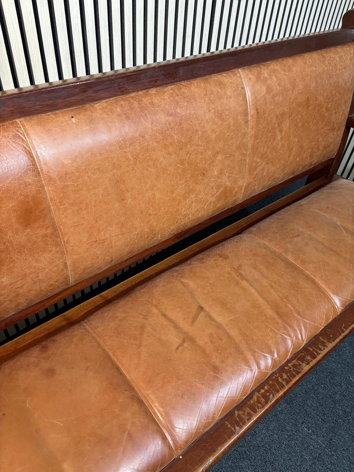 6ft solid beech stained tall bench seating with tan leather seat and back.97Hx183Lx54D 1425
