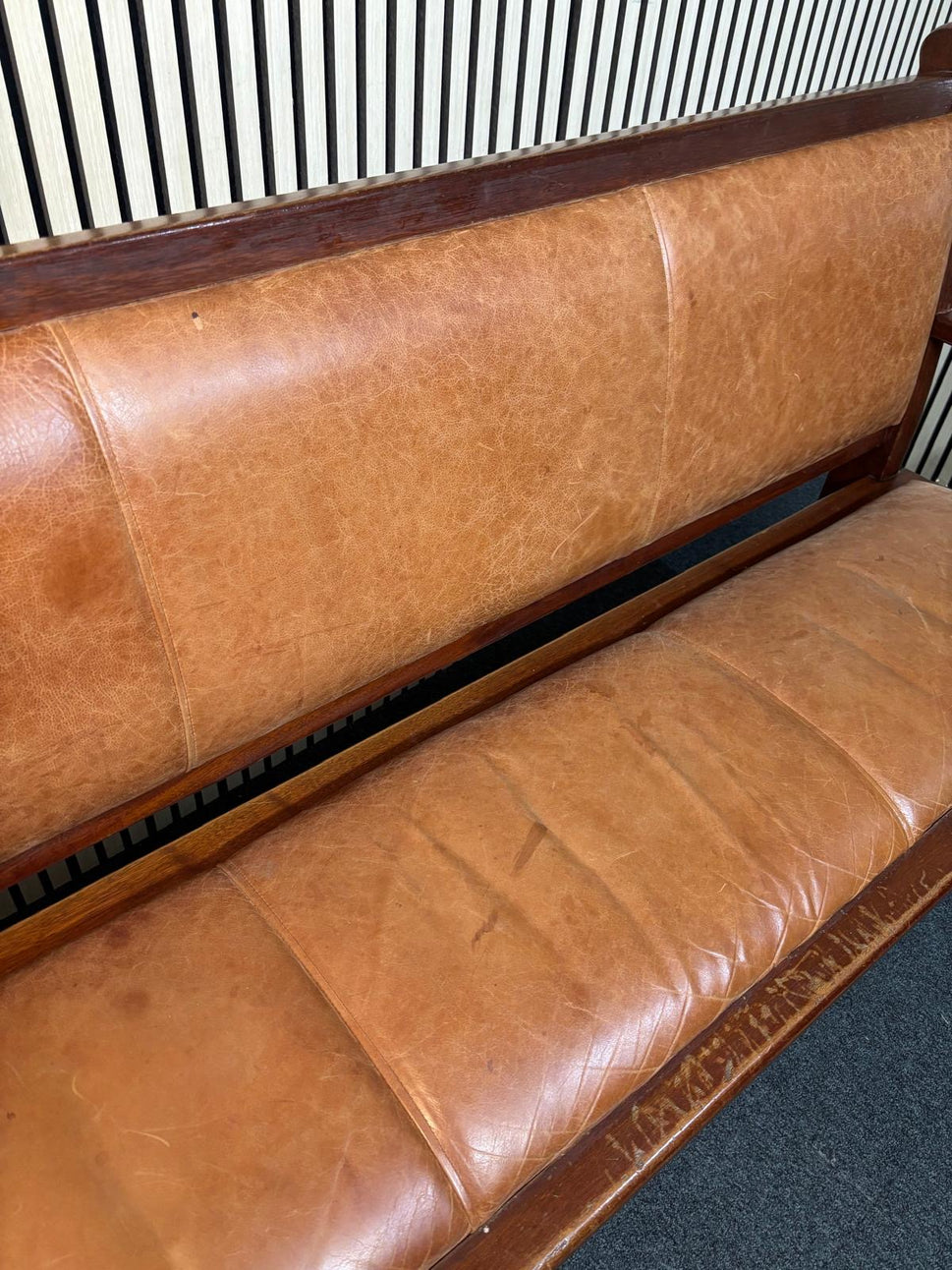 6ft solid beech stained tall bench seating with tan leather seat and back.97Hx183Lx54D 1425