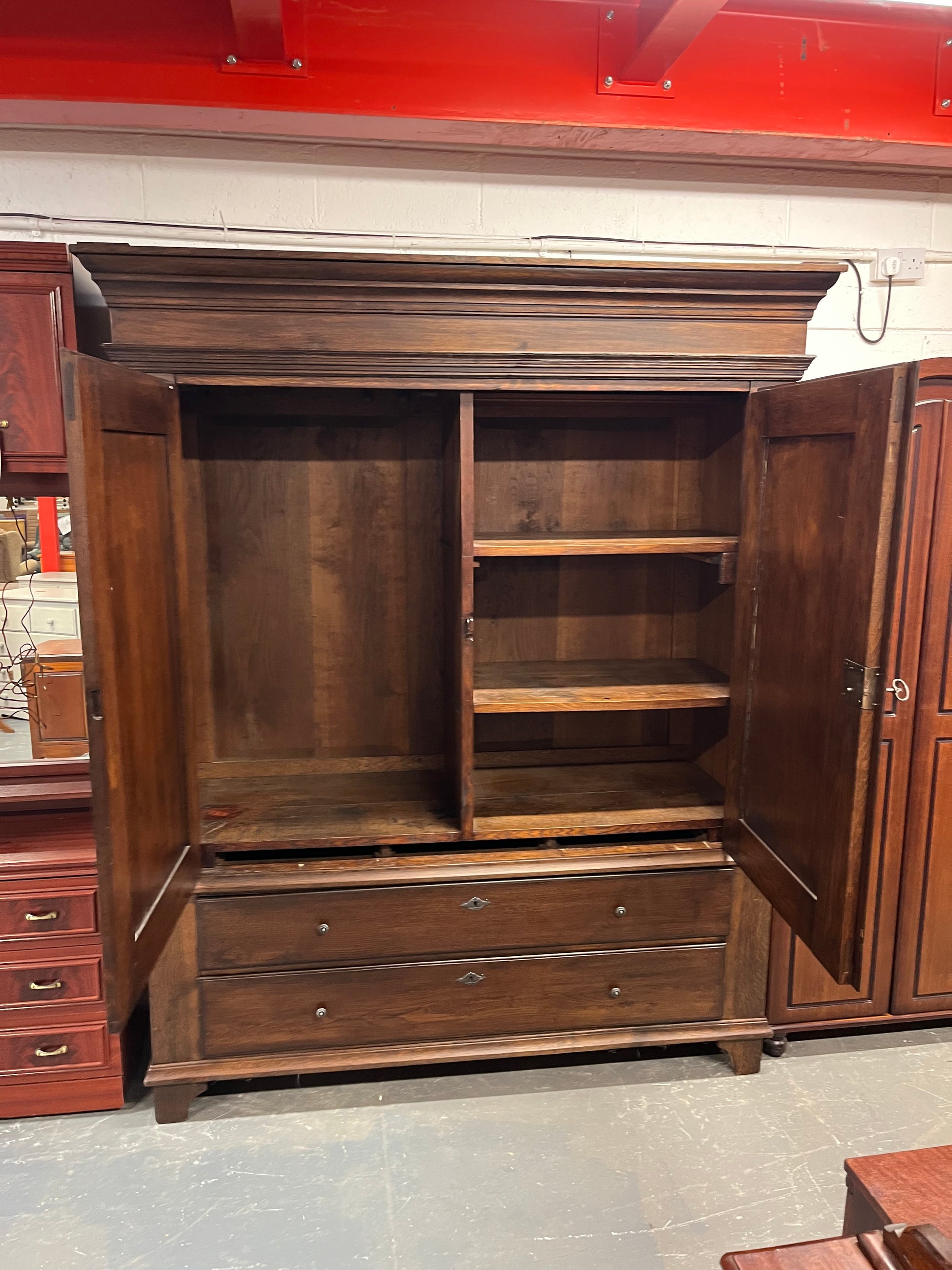 Large solid dark wood 2 door 2 drawer pantry unit (H 208 x W 170 x D 62 cm) 2226