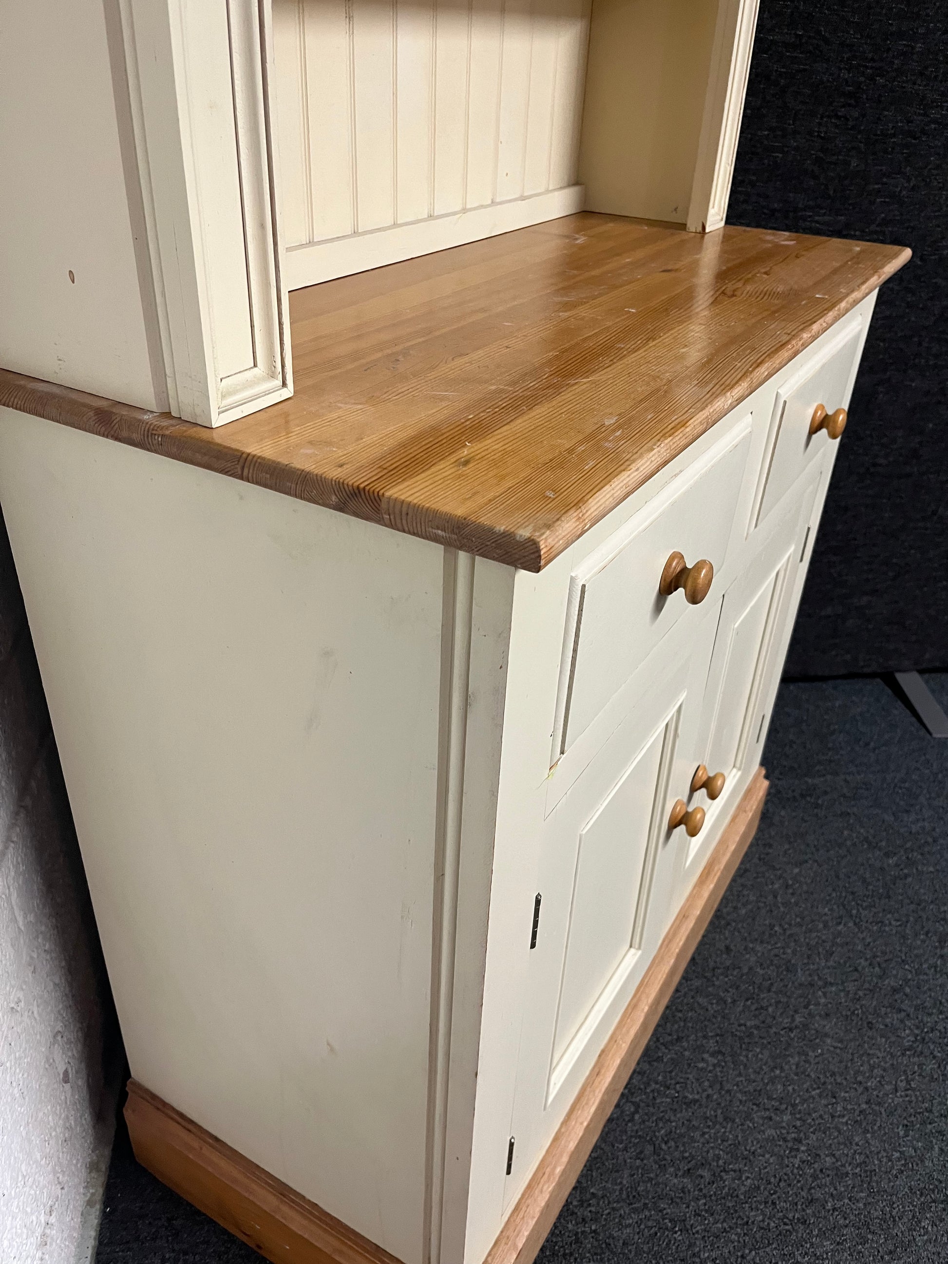 Tall cream painted and solid pine 2 door 2 drawer dresser with top open shelving  (H 200 x W 98 x 43 cm) 2225