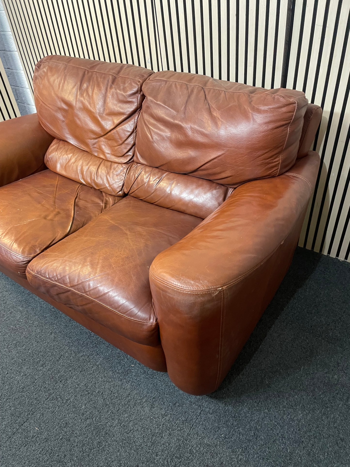 2 seater real tan leather sofa (165cm wide) 2425