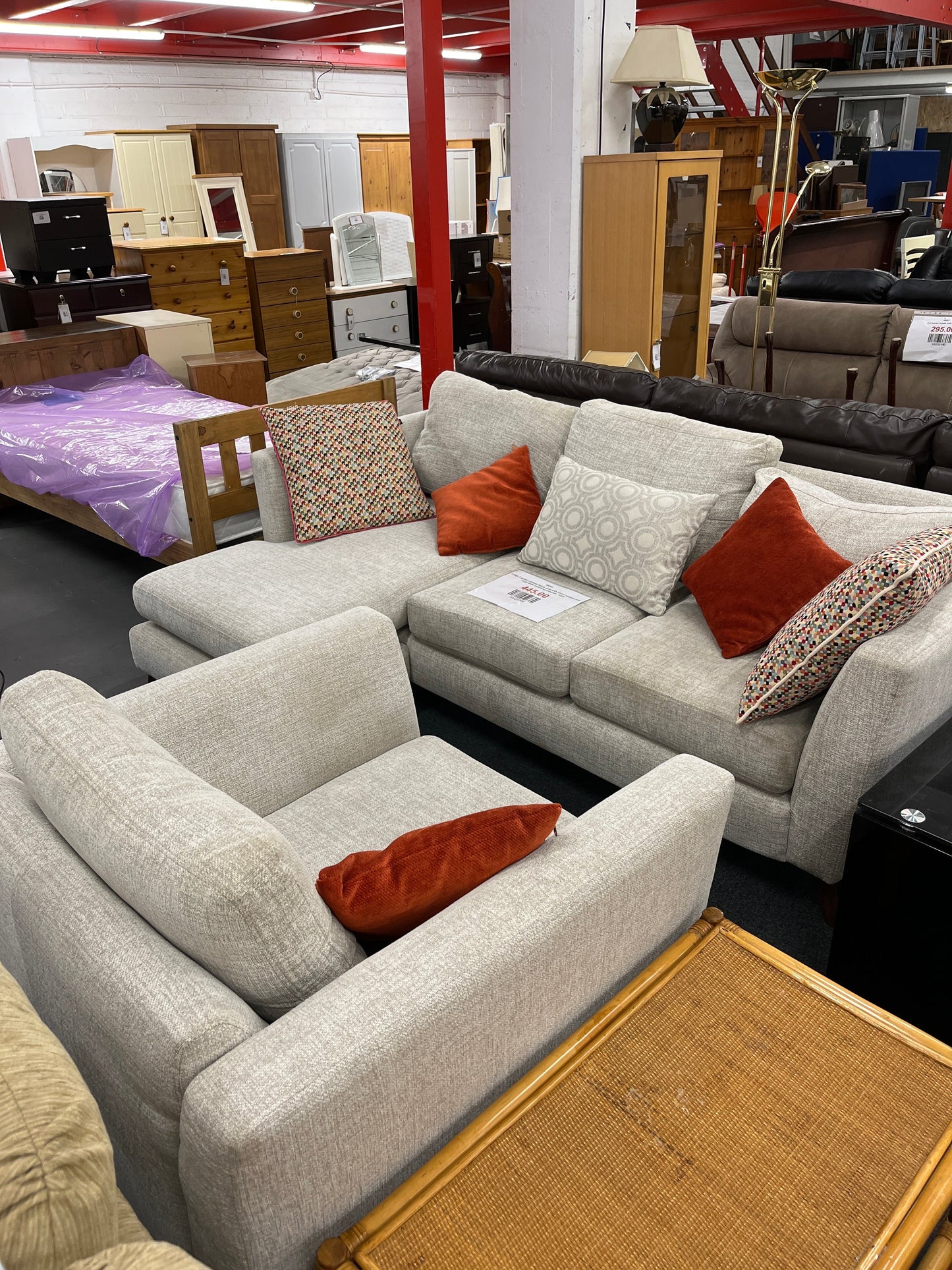 Large 3 seater oatmeal fabric sofa with return section and large wide matching armchair  1225