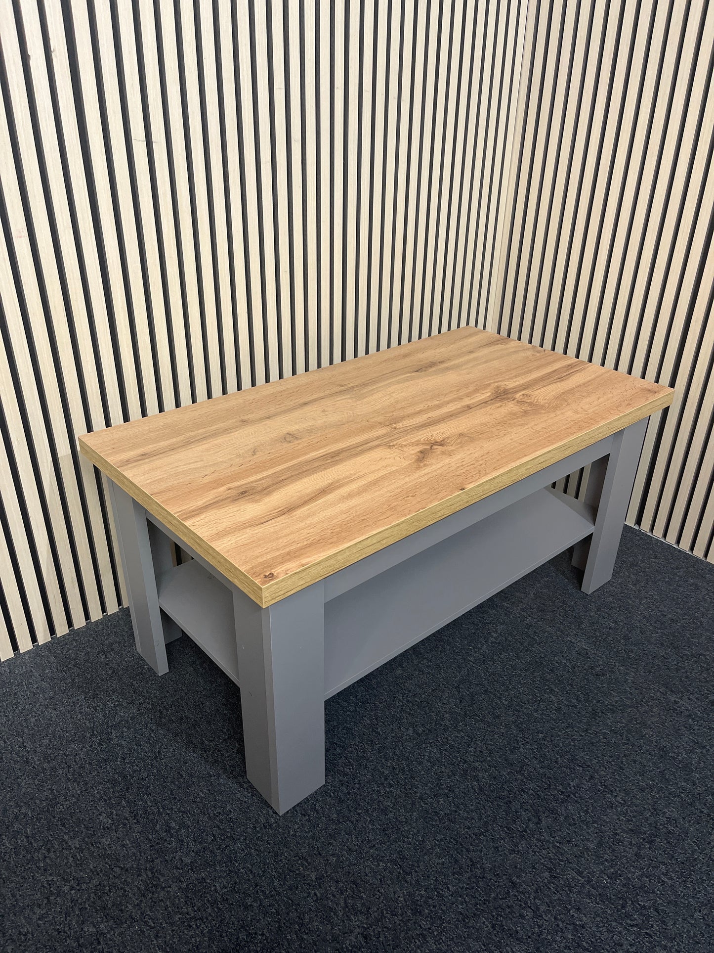 Oak and grey laminate rectangular coffee table with shelf  3325