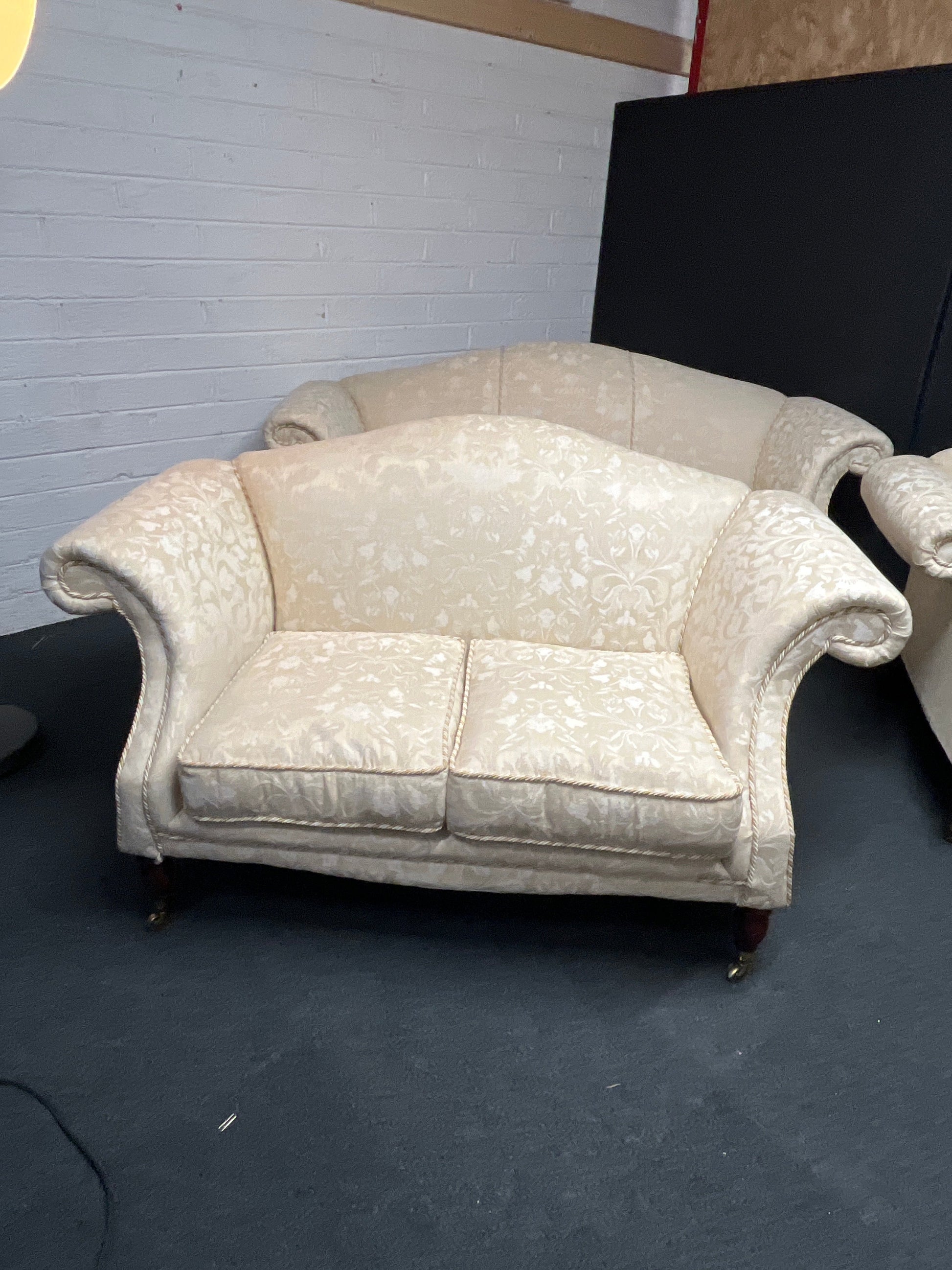 3+2+1 wing back cream mix fabric suite, solid wood frame, brass castors. CAN BE SOLD INDIVIDUALLY IF REQUIRED 2225