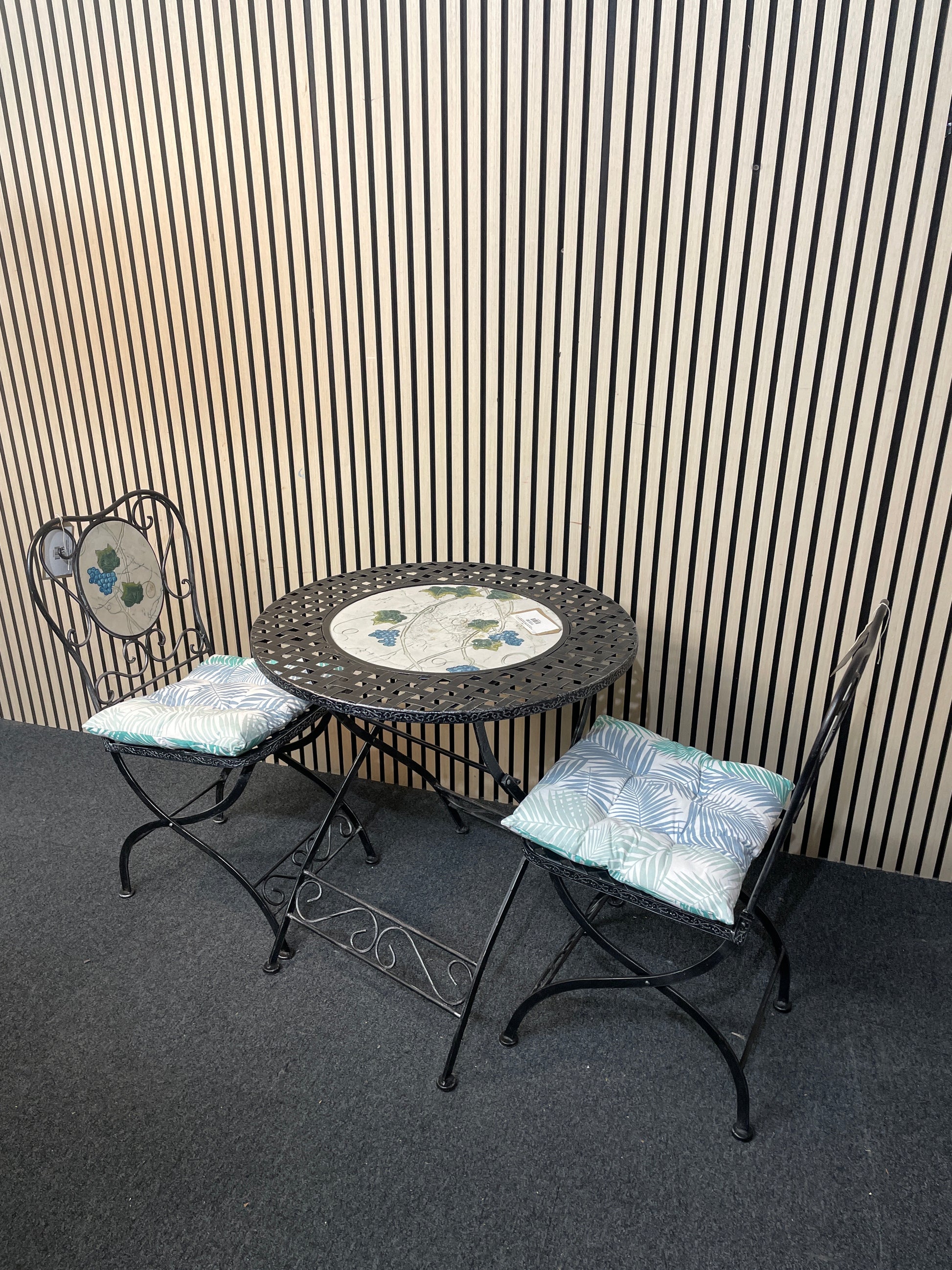 Black lattice metal outdoor circular table with 2 no. matching chairs  (70 cm diameter) 2425