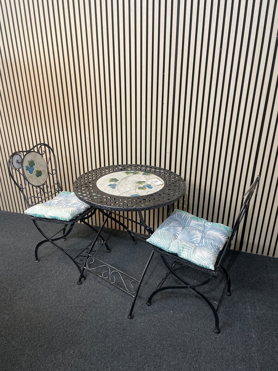 Black lattice metal outdoor circular table with 2 no. matching chairs  (70 cm diameter) 2425