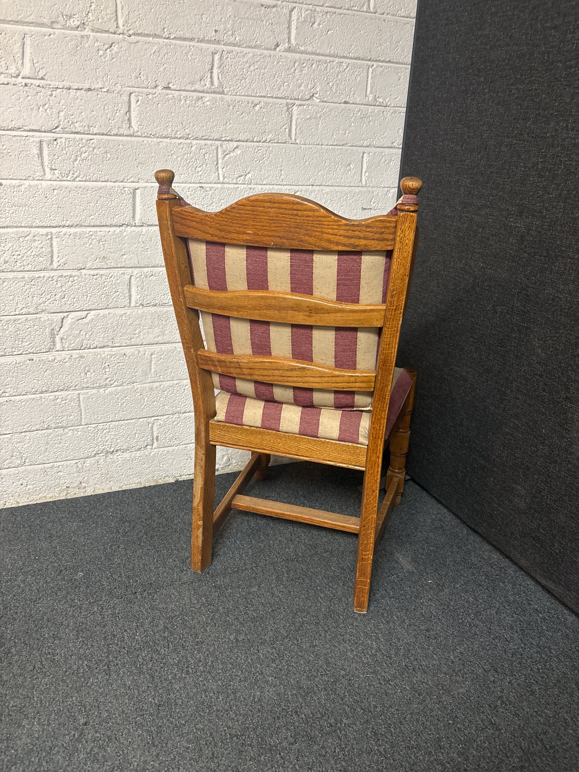 Oak framed dining chair with cream and purple stripe fabric cushion 3225