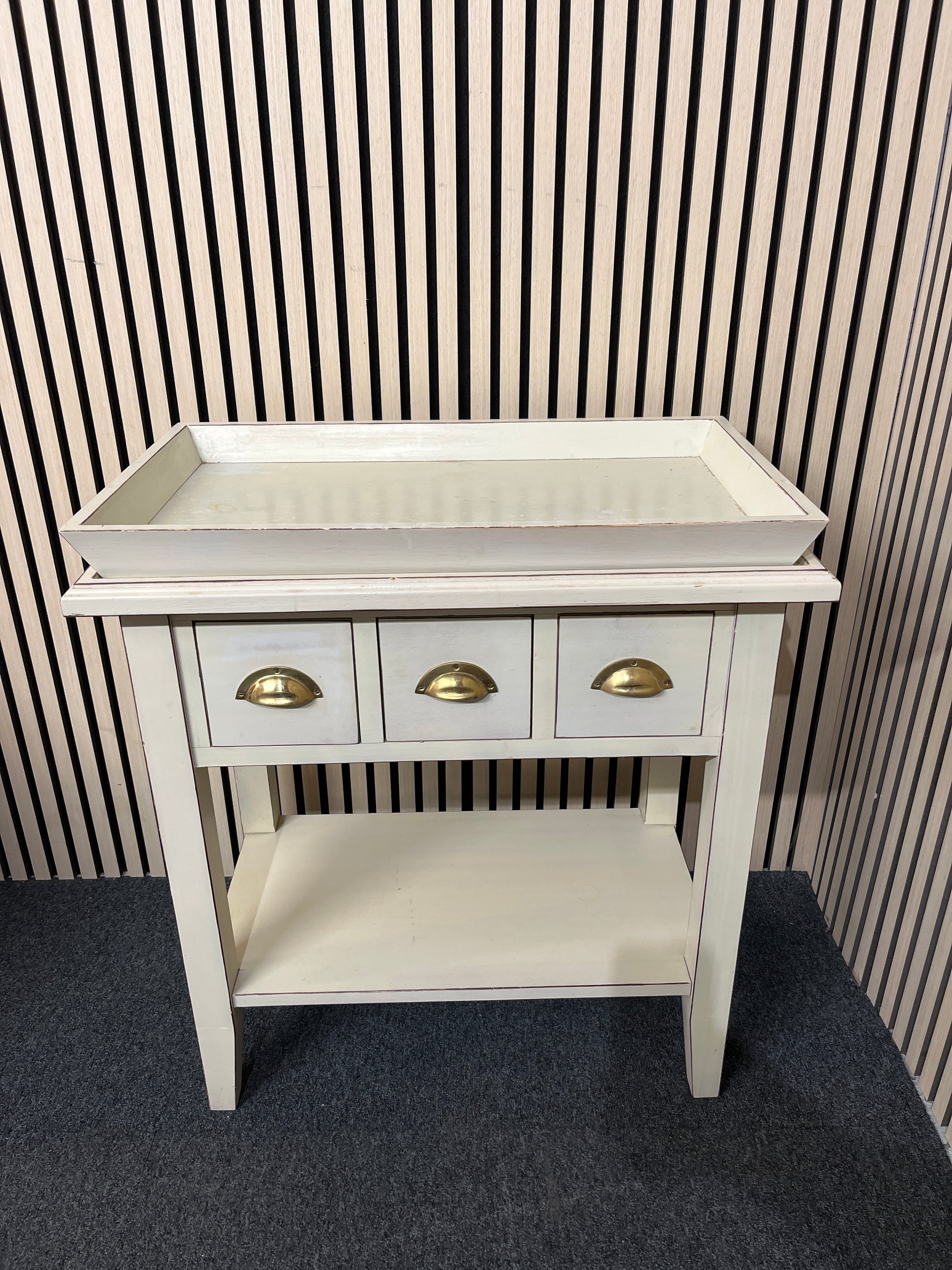 Palet green painted occasional console table with 3 drawers and removal tray top 82Hx75Wx43D 3325