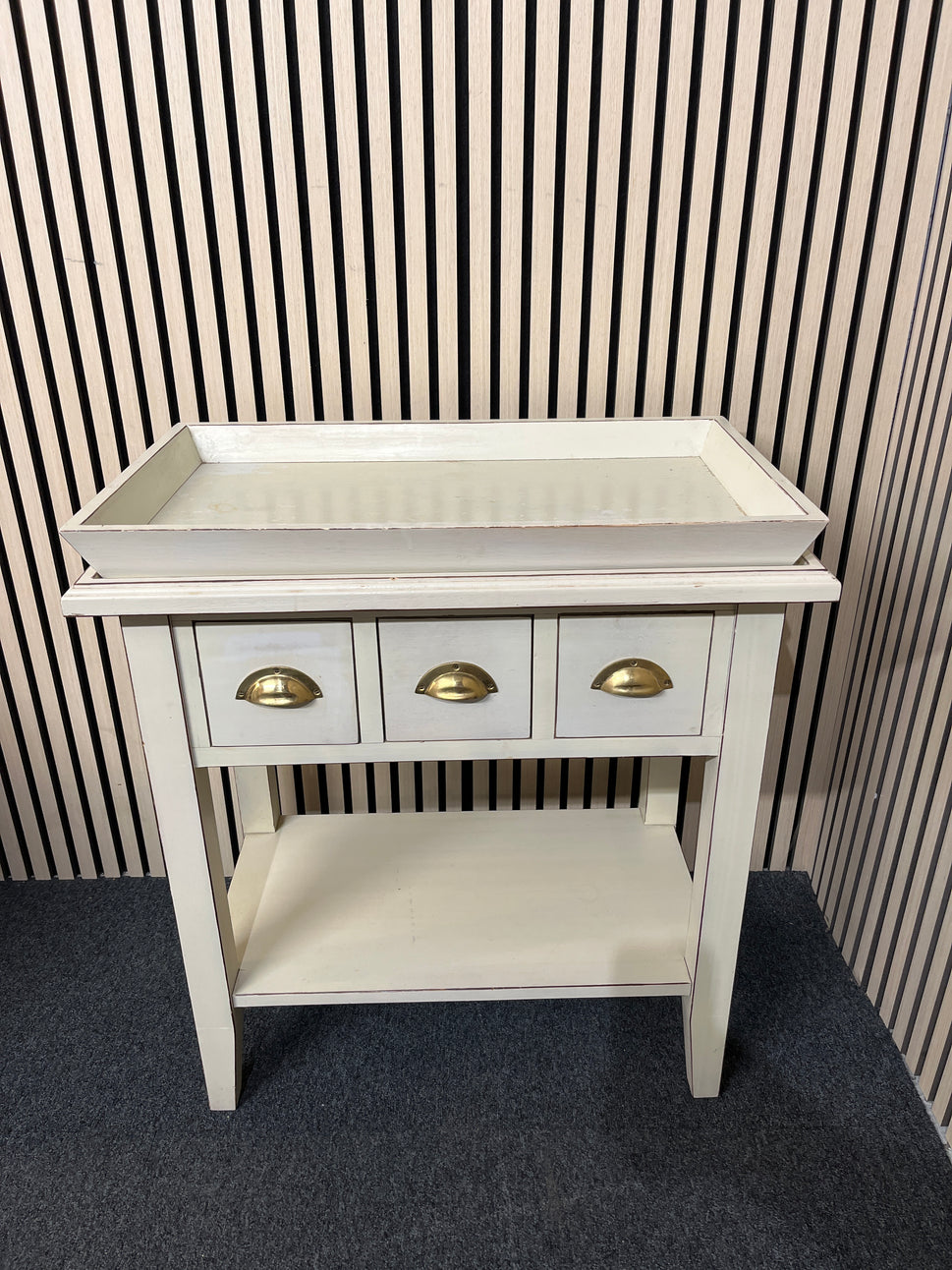 Palet green painted occasional console table with 3 drawers and removal tray top 82Hx75Wx43D 3325