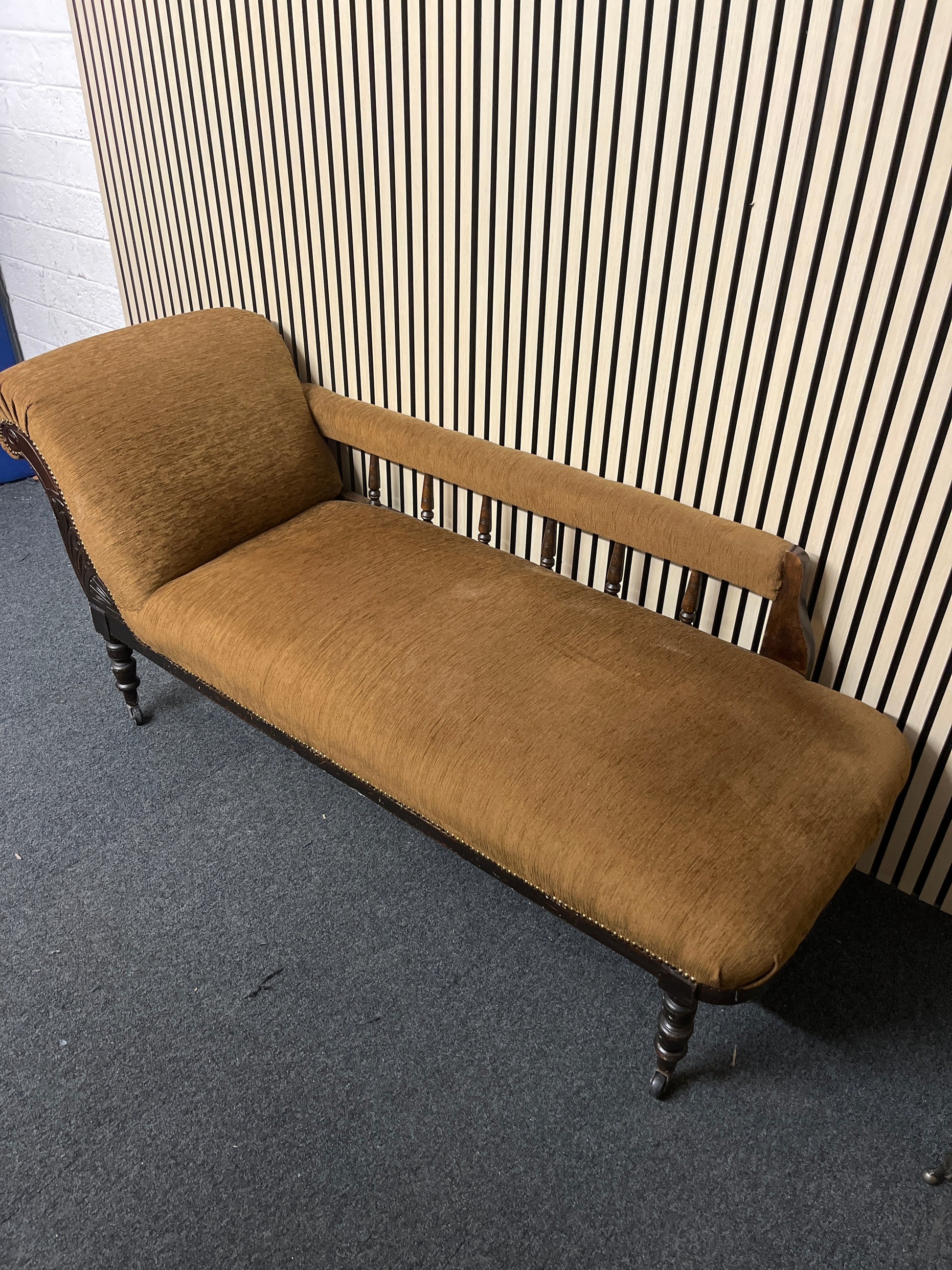 Brown fabric antique chaise lounge, solid wood frame 2325