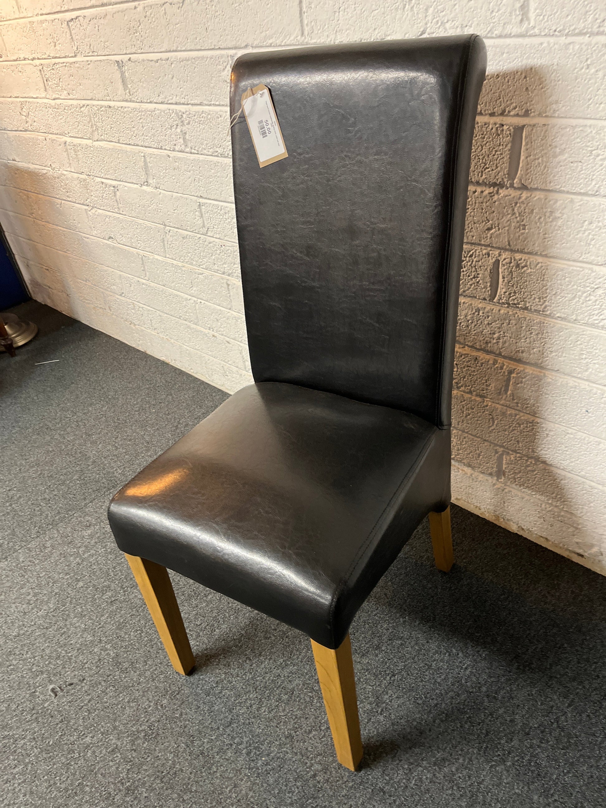 High back brown leatherette dining chair, solid oak legs  2225