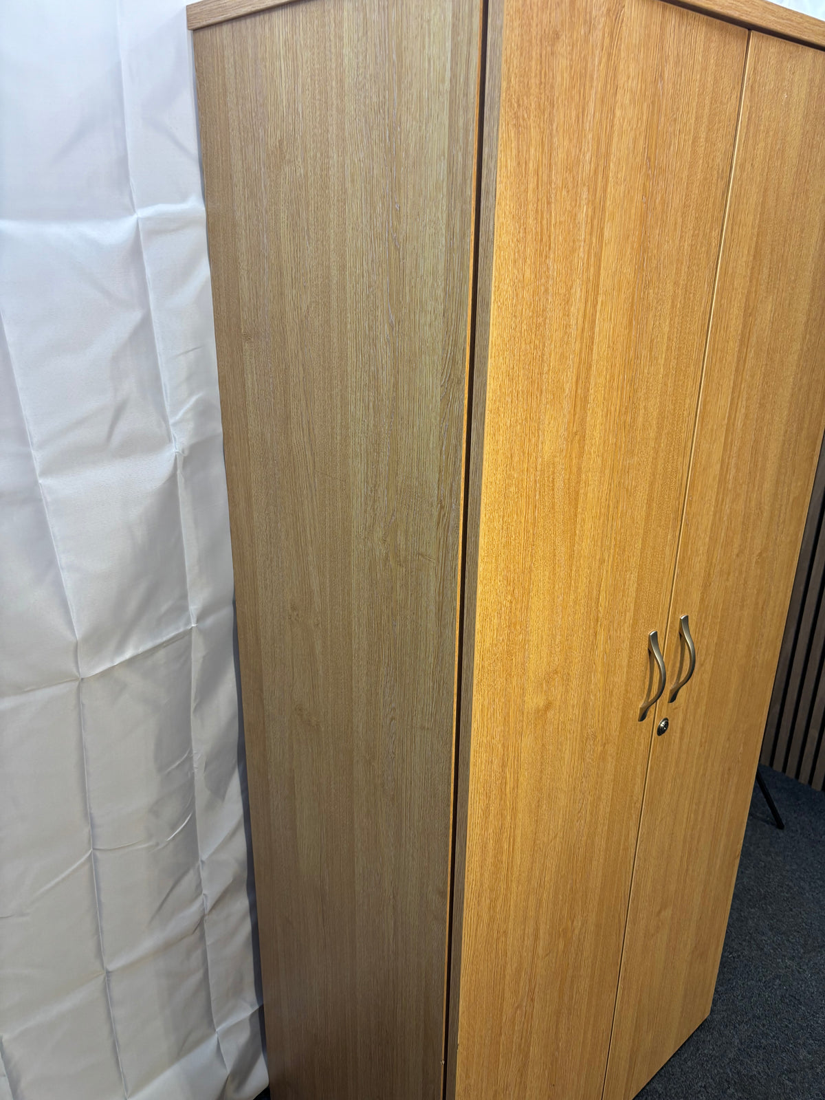 Tall oak 2 door storage unit with internal wooden shelves and key 180Hx47Dx80W  J3927