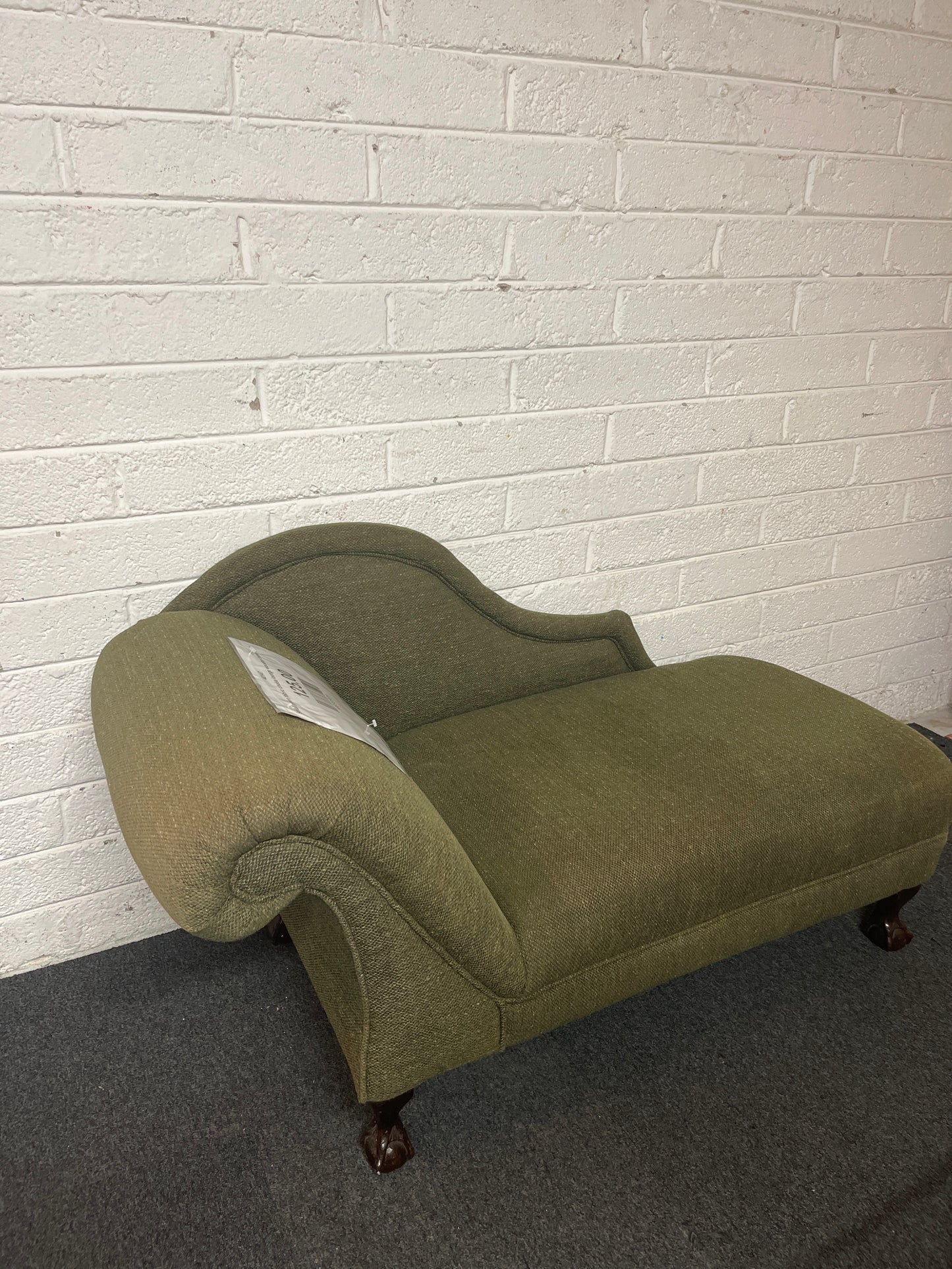 Small green fabric chaise lounge wooden frame 3225