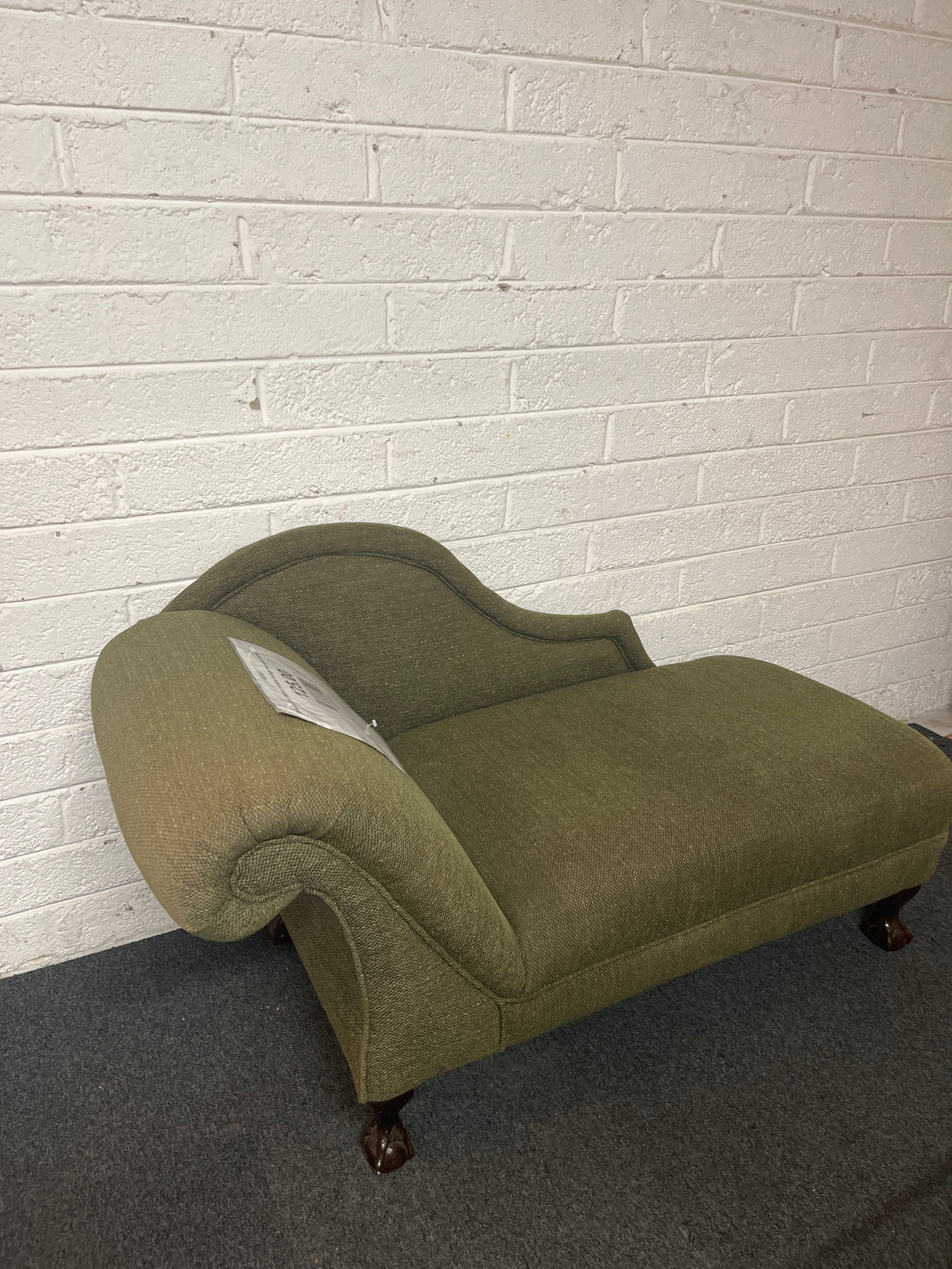 Small green fabric chaise lounge wooden frame 3225