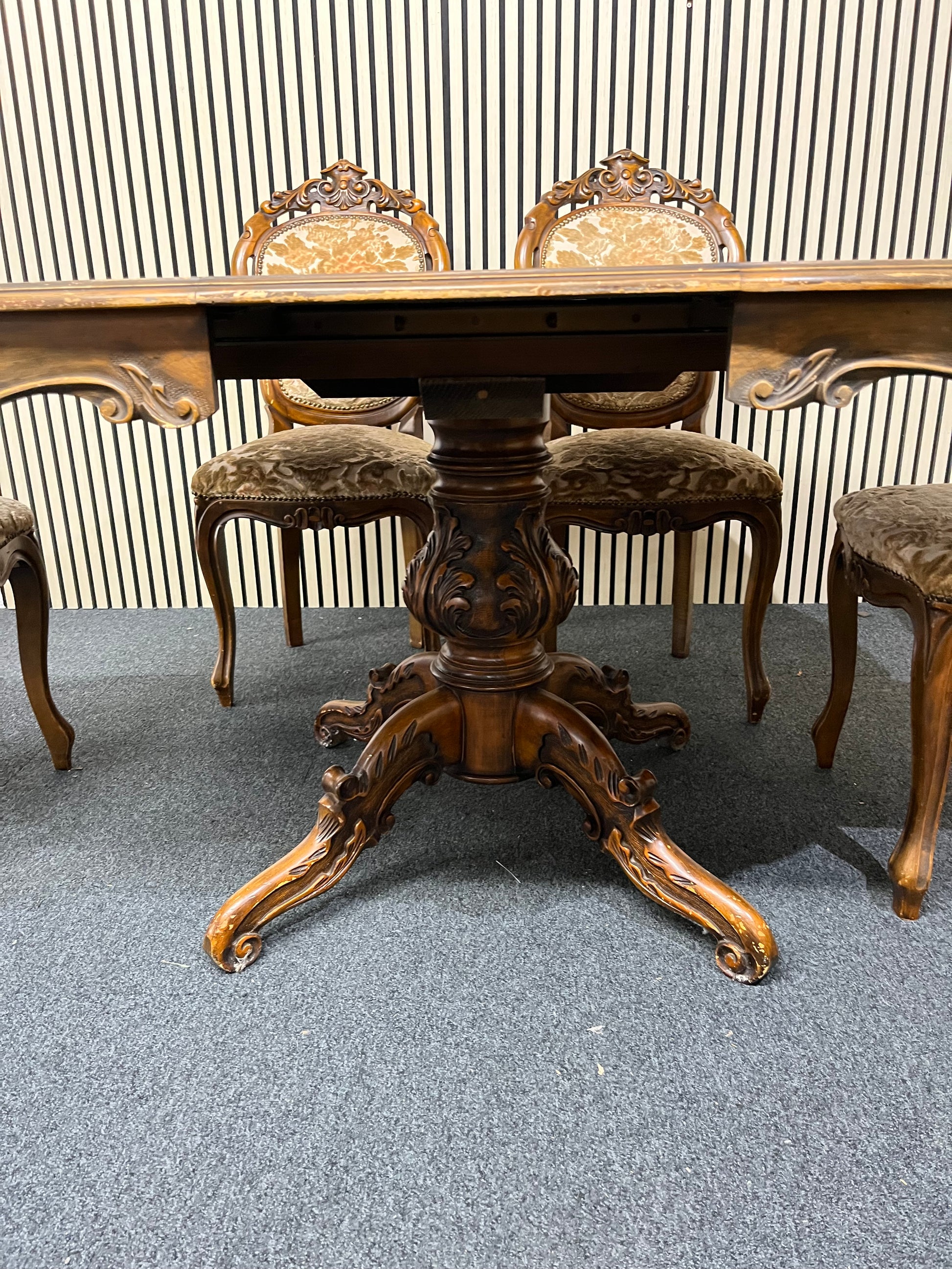 Ornate dark wood dining table with central column base 6 matching darkwood framed floral fabric seats  2325