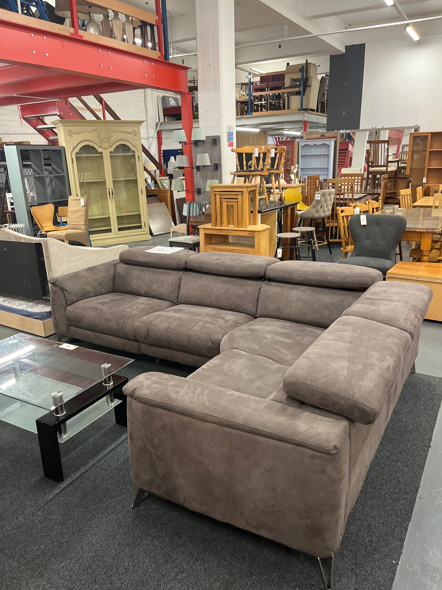 Large electric sectional recliner corner suite brown suede effect fabric suite 2225