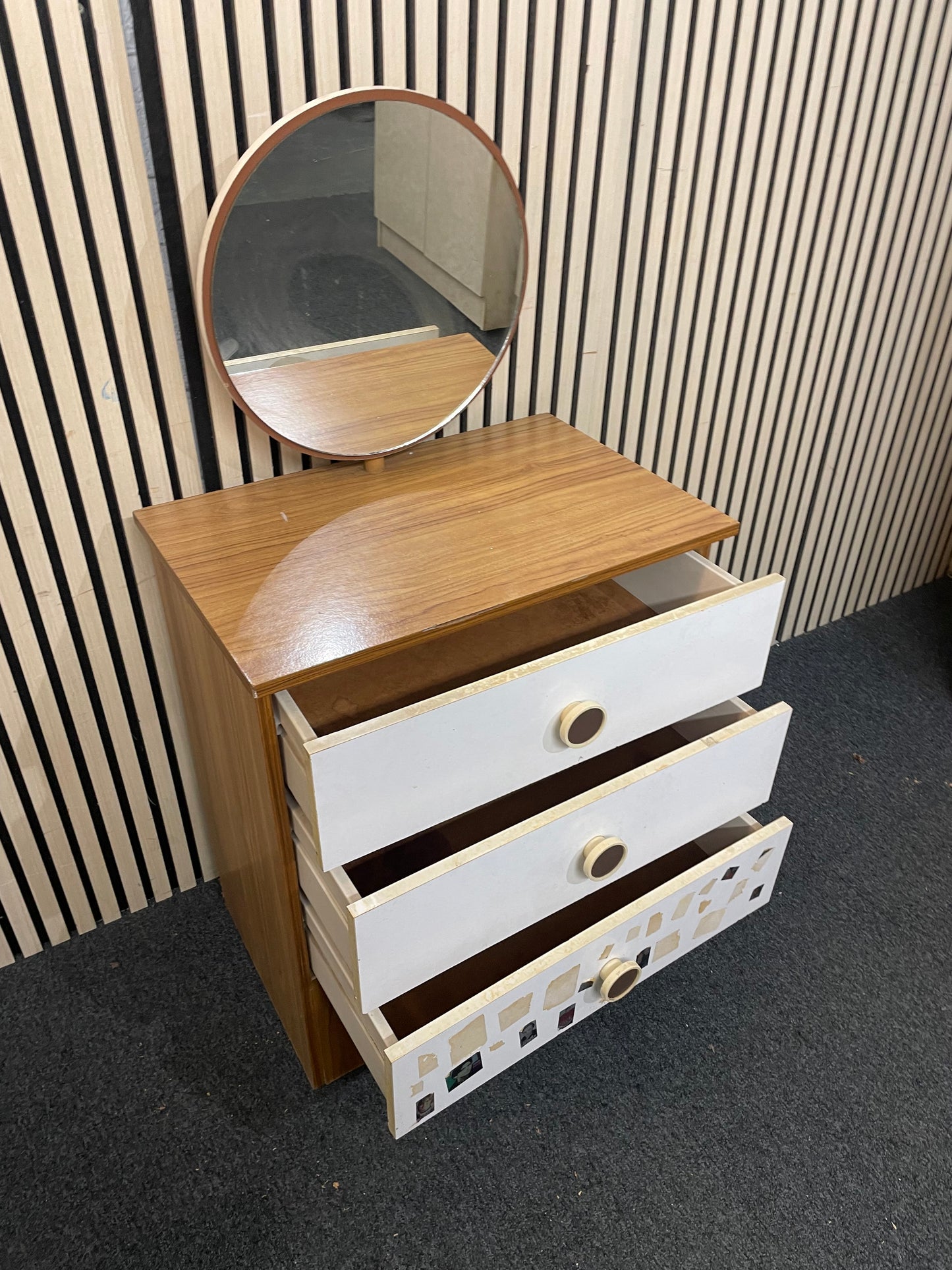 Teak and white laminate small 3 drawer chest with mirror 2425