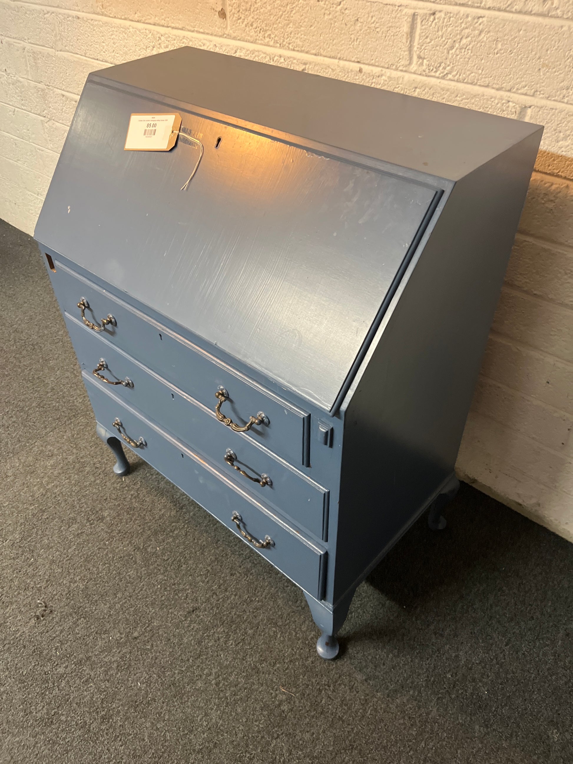 3 drawer blue painted mahogany writing bureau 3225
