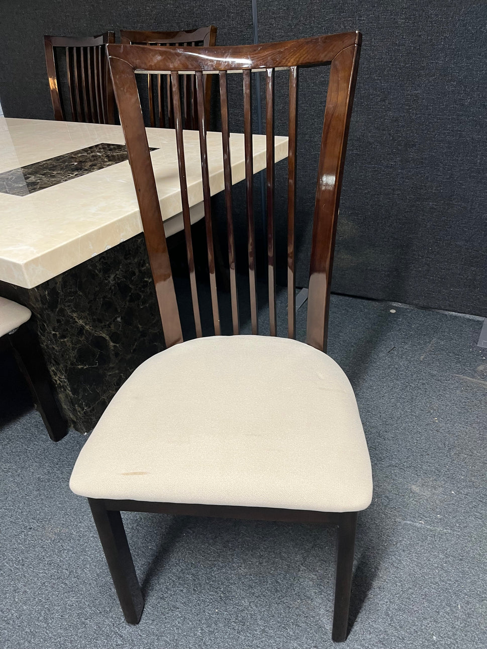 Marble effect large rectangular table (L 180 x W 100 cm) with 6 dark wood stained kitchen chairs with fabric seat 3225