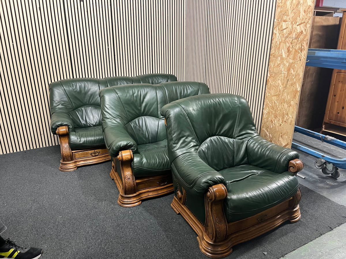3+2+1 Dark green leather, solid oak framed sofa suite with base drawers  44385