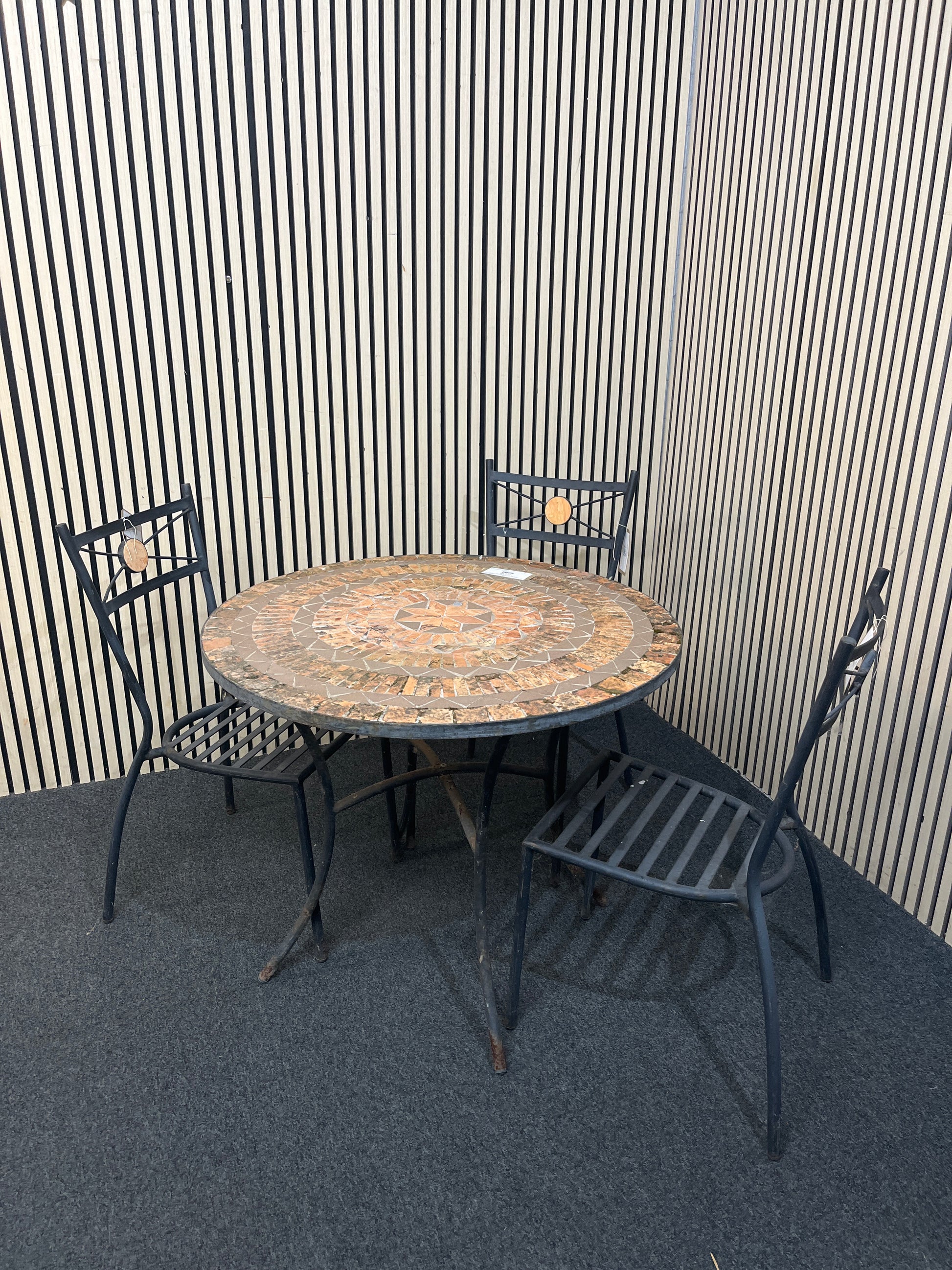Metal and tiled circular outdoor patio table (width 90 cm) with 3 no. matching chairs  43731