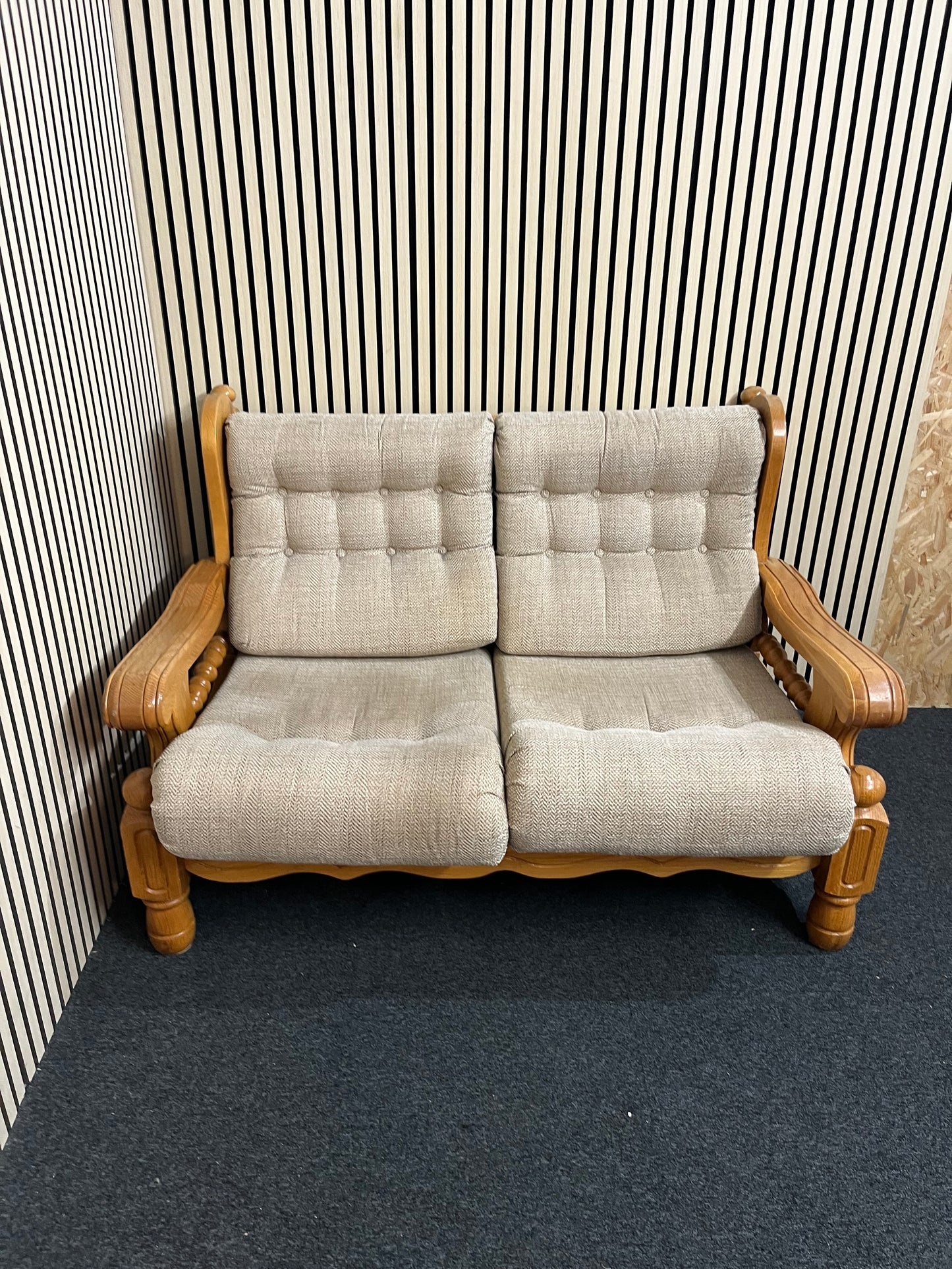Solid Dutch Oak 2+2+1+1 sofa suite with light brown fabric cushions (imported from South Africa)
