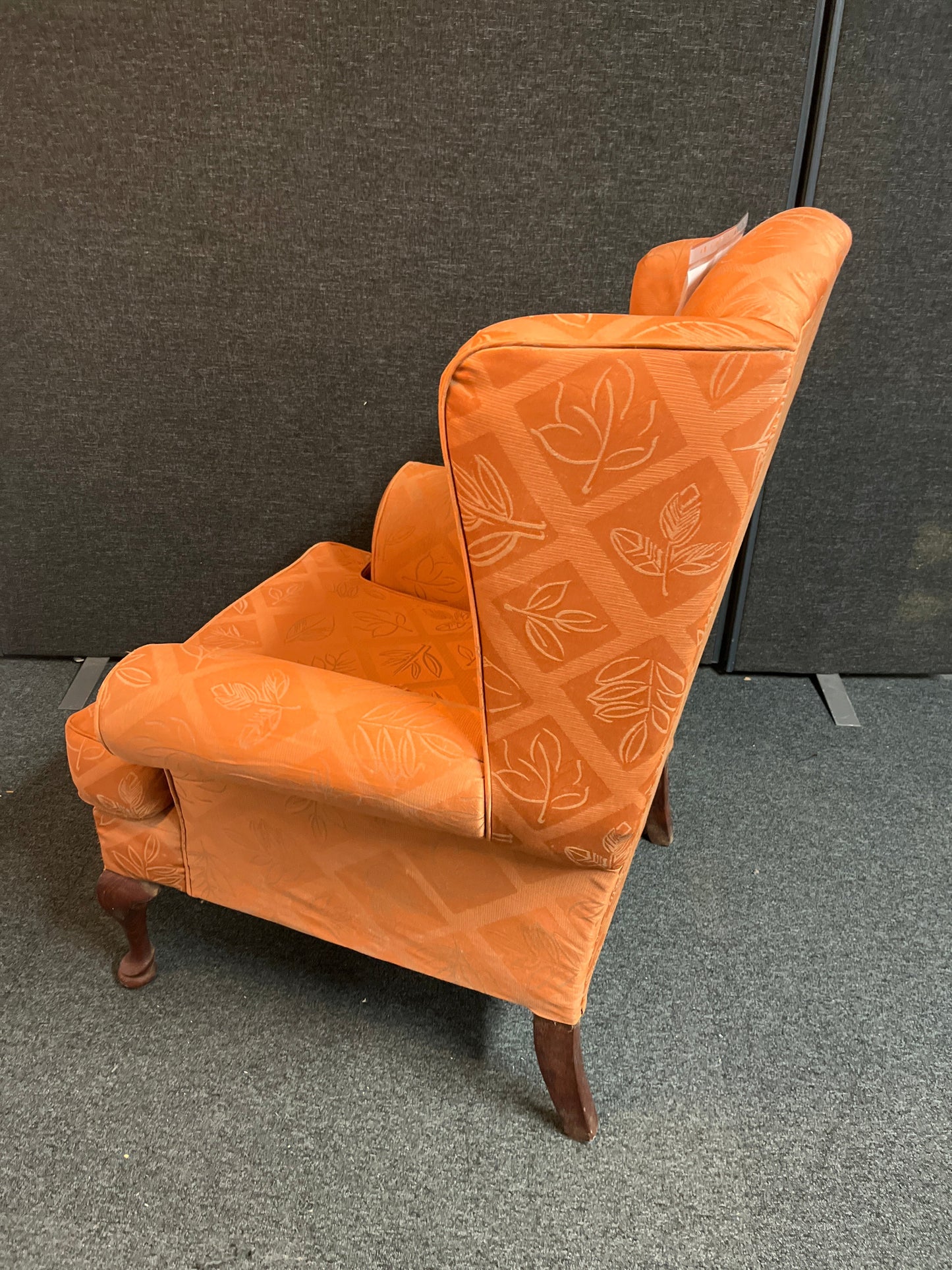 Orange queen anne armchair with mahogany frame  3225