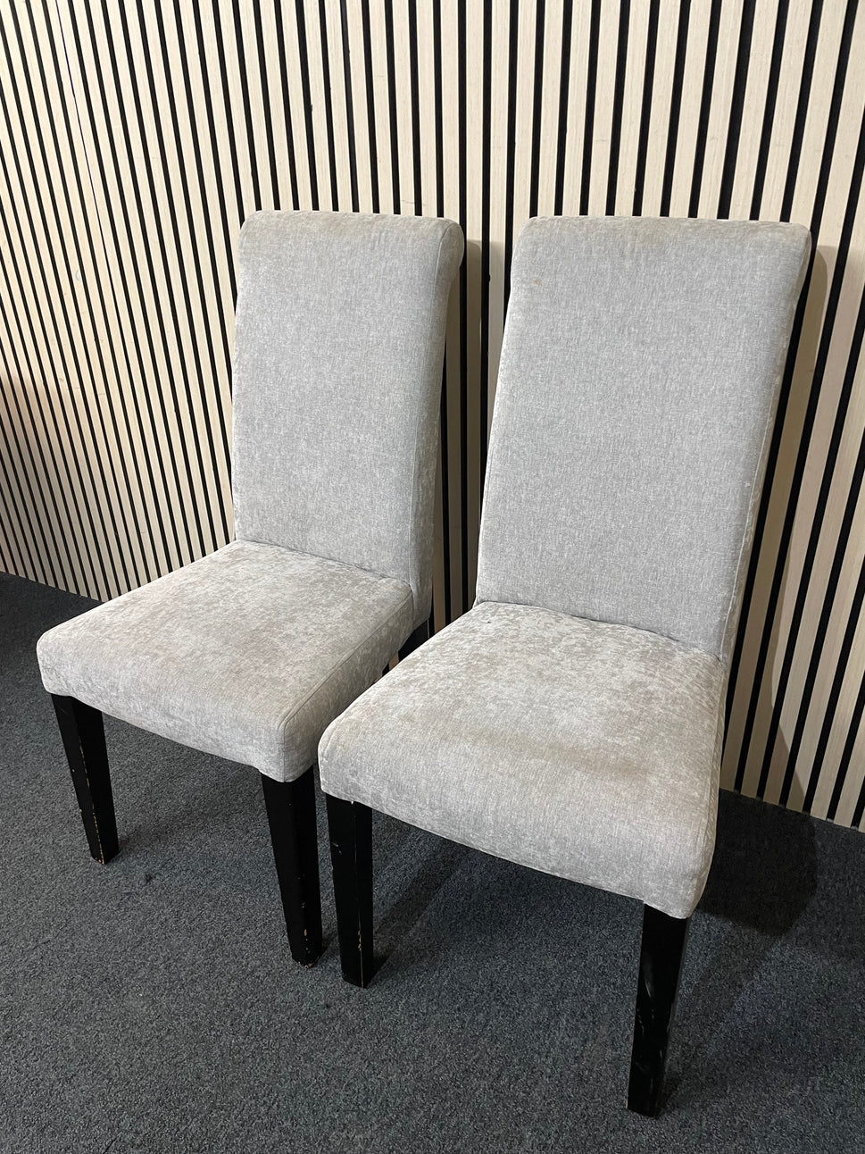 Pair of grey fabric upholstered dining chairs  3126
