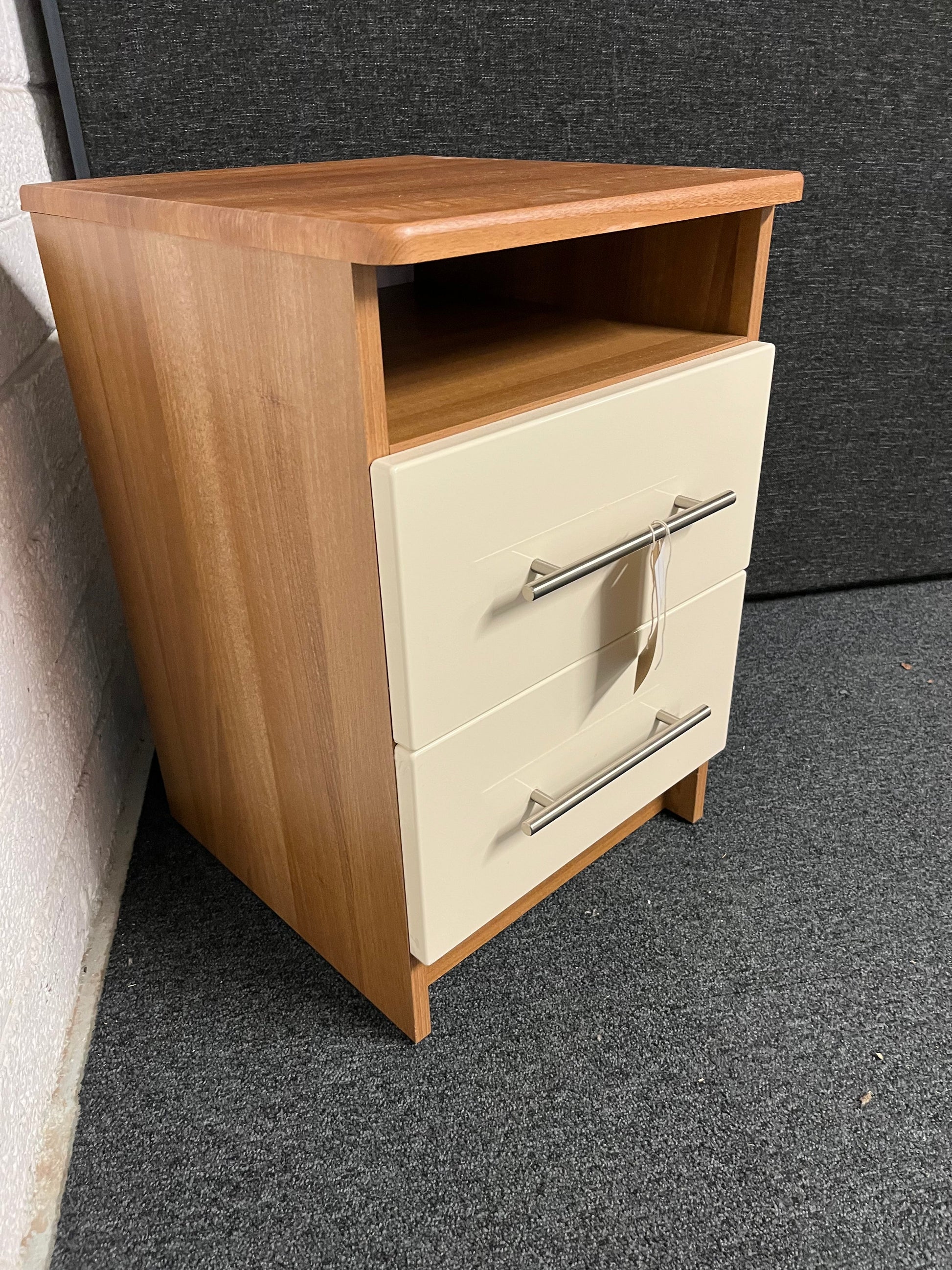 Cream and maple laminate bedside locker with 2 drawers 1225