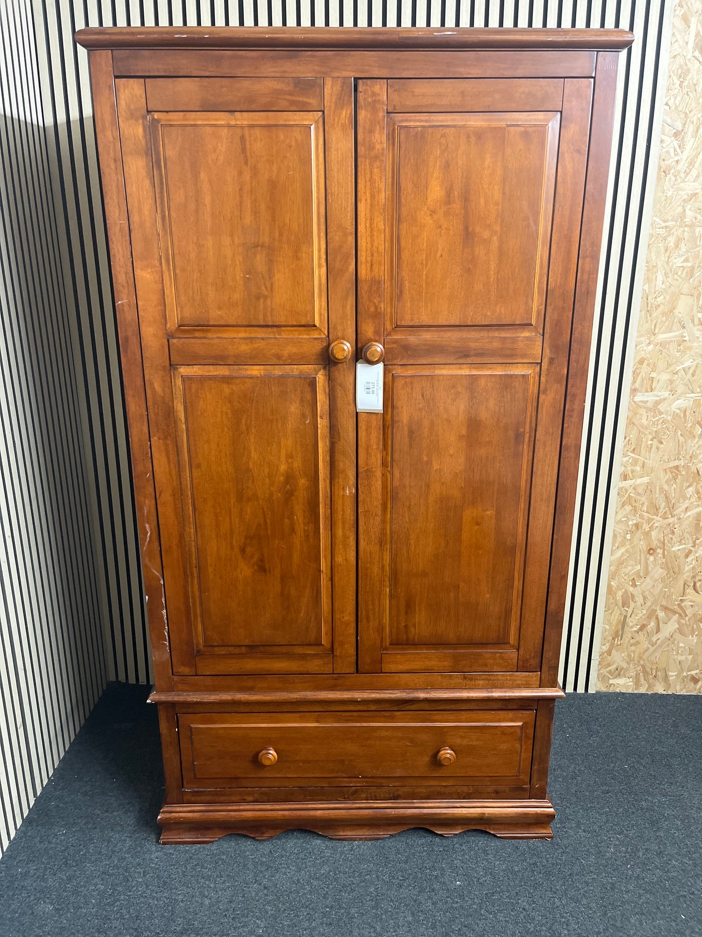 Tall dark stained solid pine 2 door 1 drawer wardrobe (H 195 x W 107 x D 67 cm) 43813