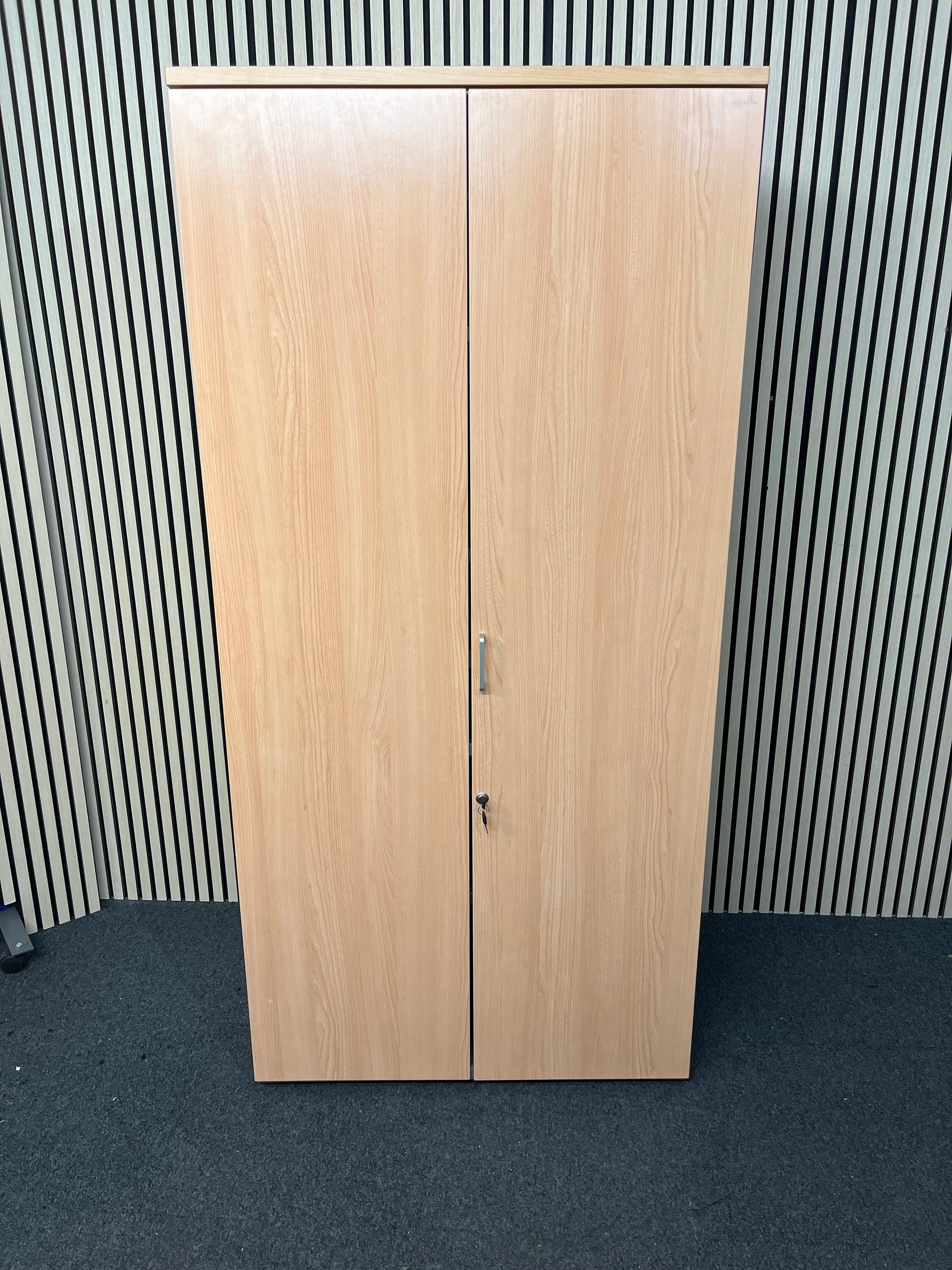 Actiu Tall beech laminate 2 door storage unit, grey carcass with shelves 186Hx42Dx89W