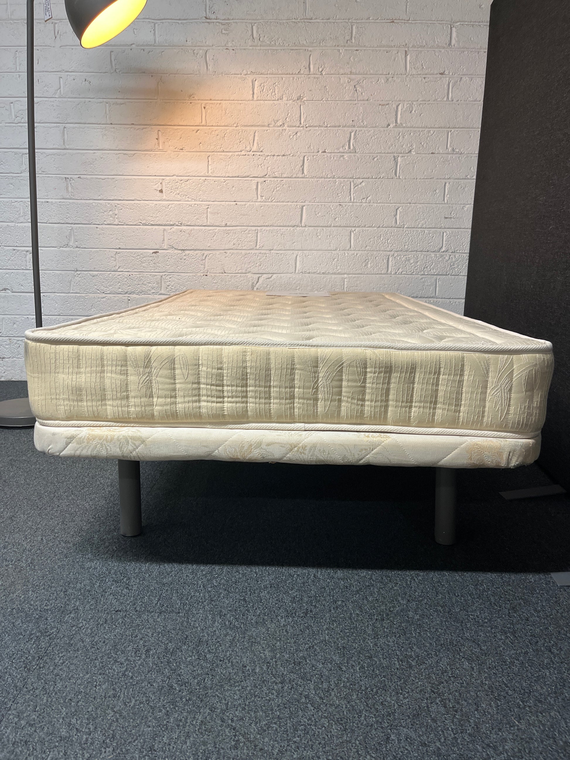 3ft 6 wide small fabric divan base on legs with a matching ortho 3ft 6 mattress  2225