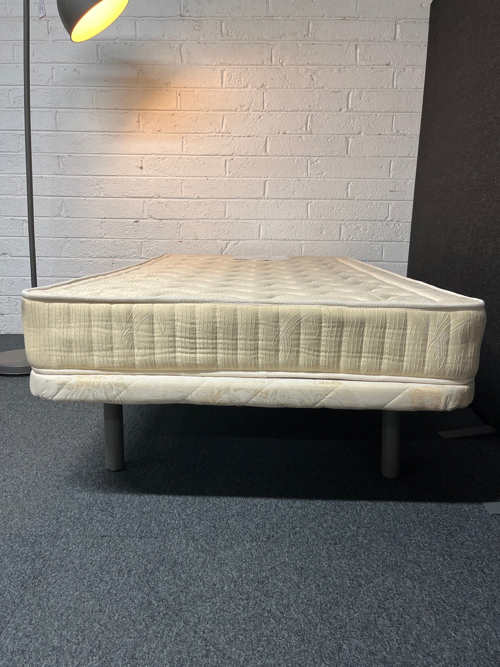 3ft 6 wide small fabric divan base on legs with a matching ortho 3ft 6 mattress  2225