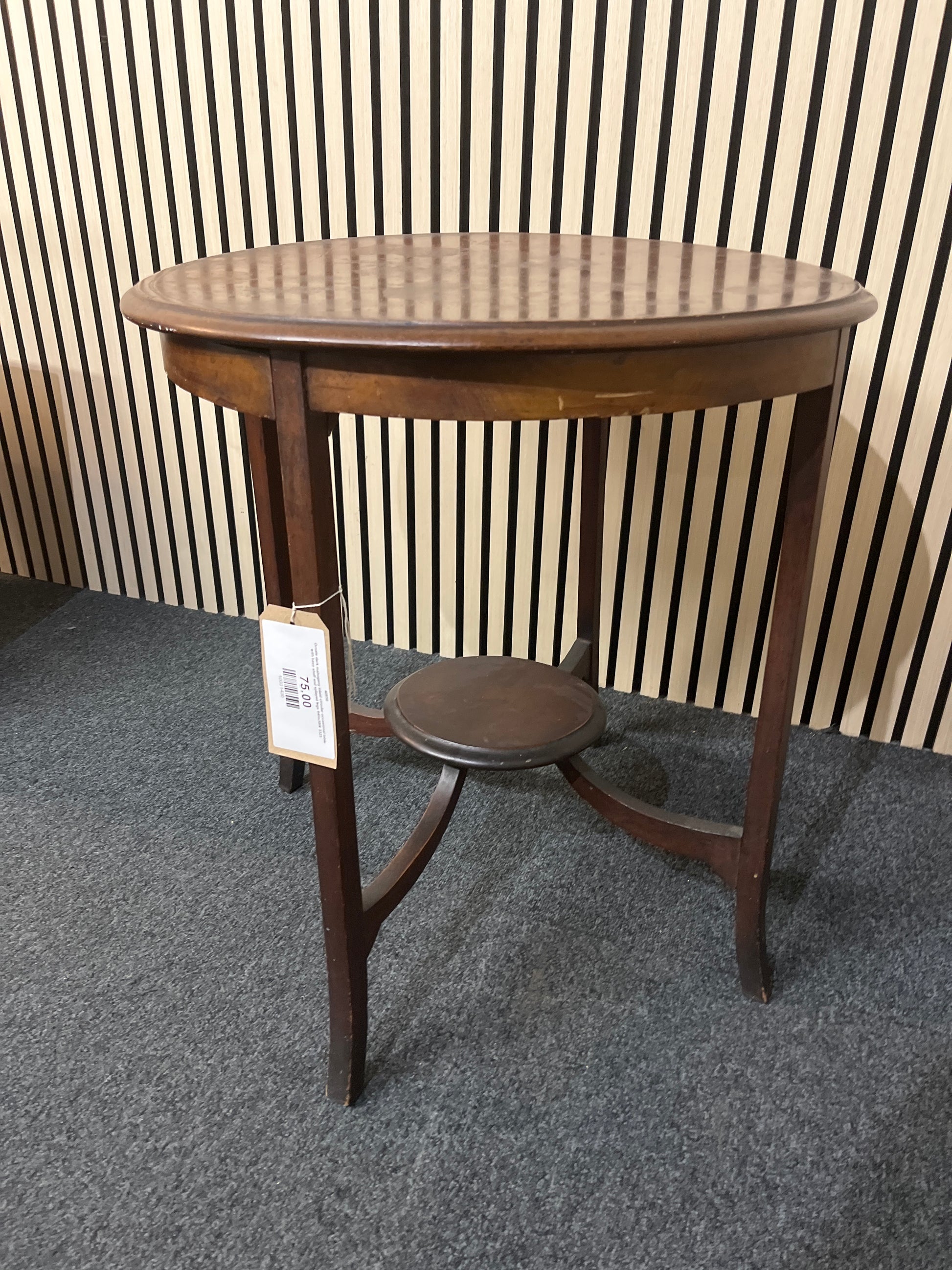 Ornate dark mahogany inlaid circular occasional table with base shelf and splayed legs 64Hx58W 3325